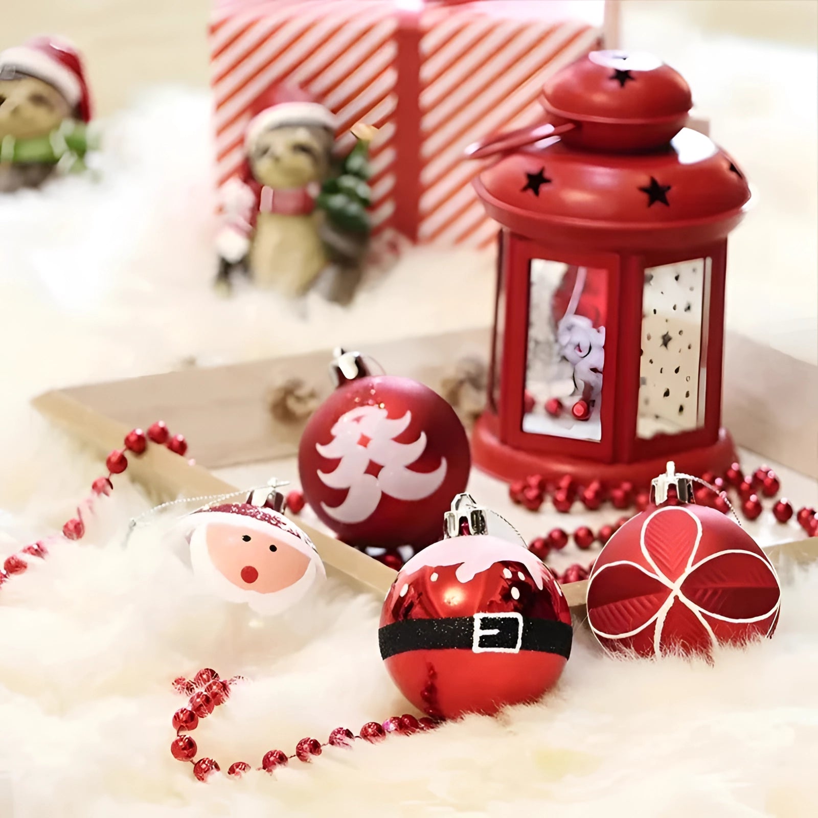 Luxurious red, green, and gold Christmas ornaments set displayed as premium holiday decorations with intricate designs.