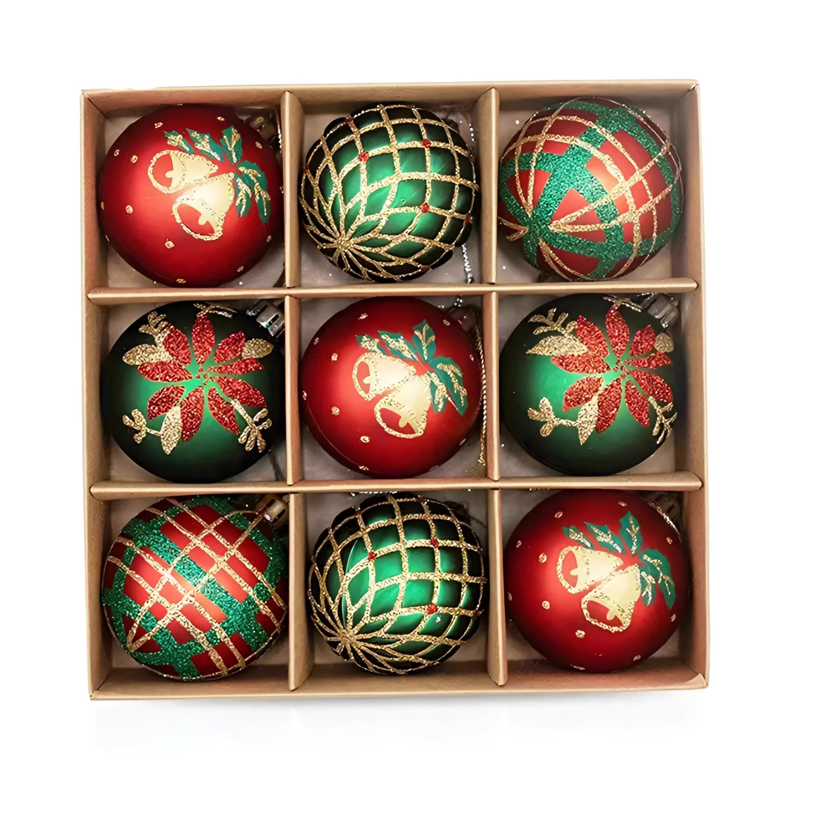 Luxury red, green, and gold Christmas ornaments featuring ornate patterns and designs, part of a premium holiday decor set.