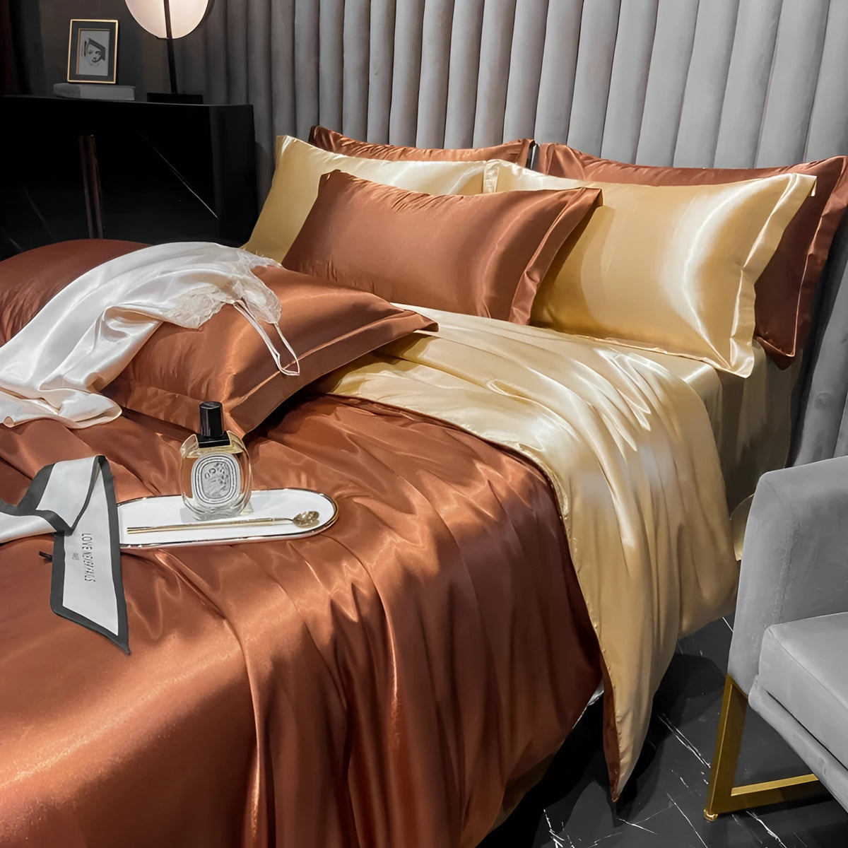 Luxury Silk Bedding Set | Copper Satin Sheets & Elegant Pillowcases