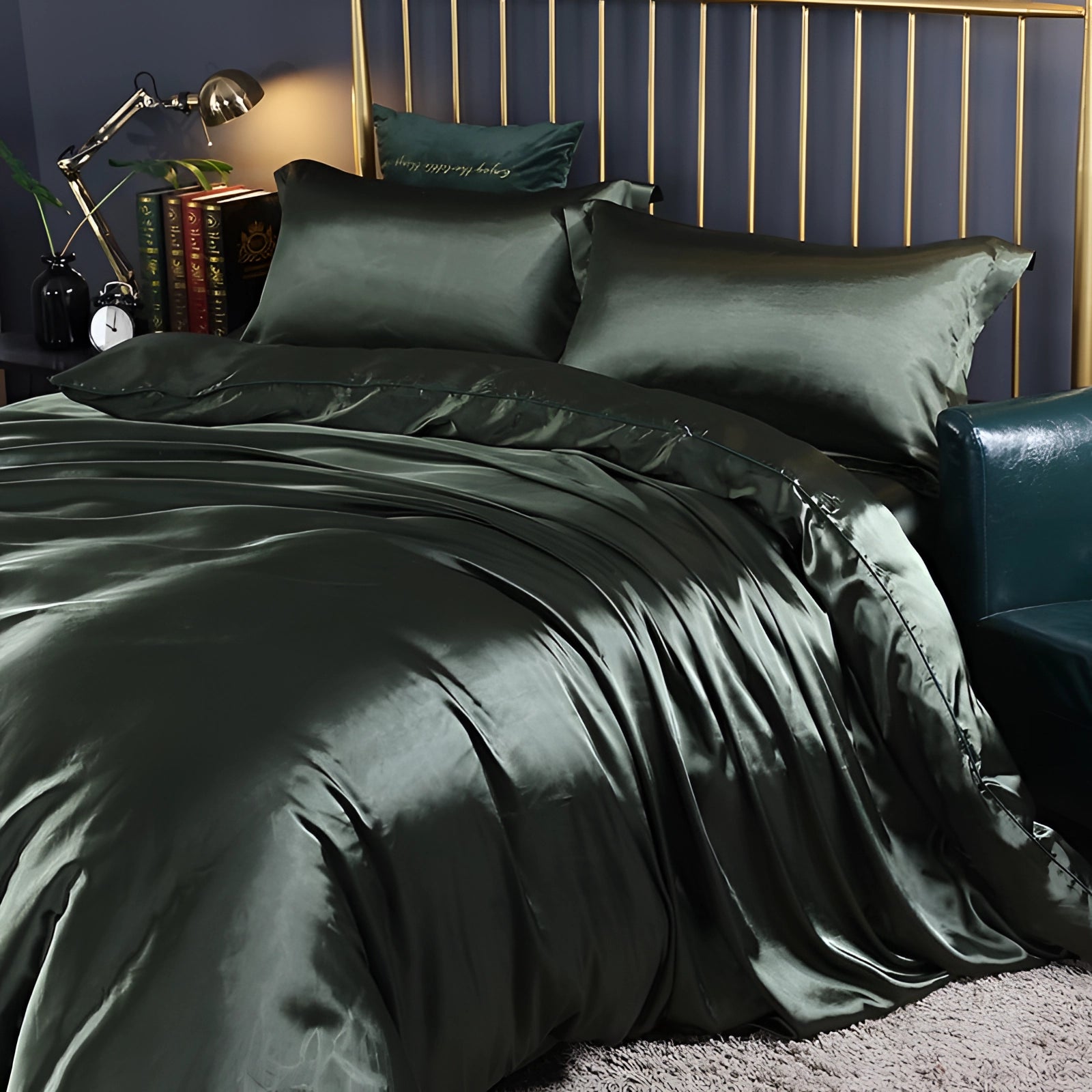 Luxurious dark green silk bedding set for a 180x200cm fitted bed, consisting of four pieces, showcased in a well-lit room setting.