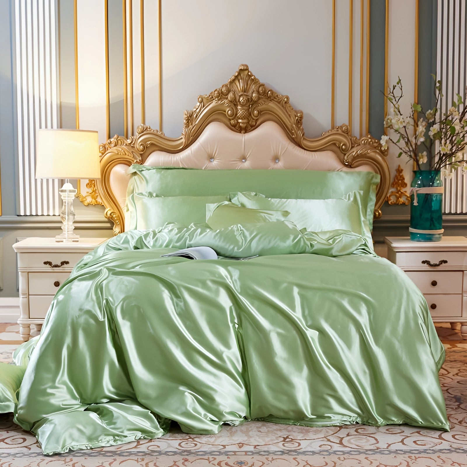 Luxury silk bedding set in a soothing avocado color, displayed on a neatly made bed with a fitted sheet. The set includes luxurious textiles that are hypoallergenic and thermal regulating, complementing the modern interior design with a sleek bed frame. The room exudes comfort and elegance with wooden cabinetry and furnishings. Ideal for a 180x200cm bed.