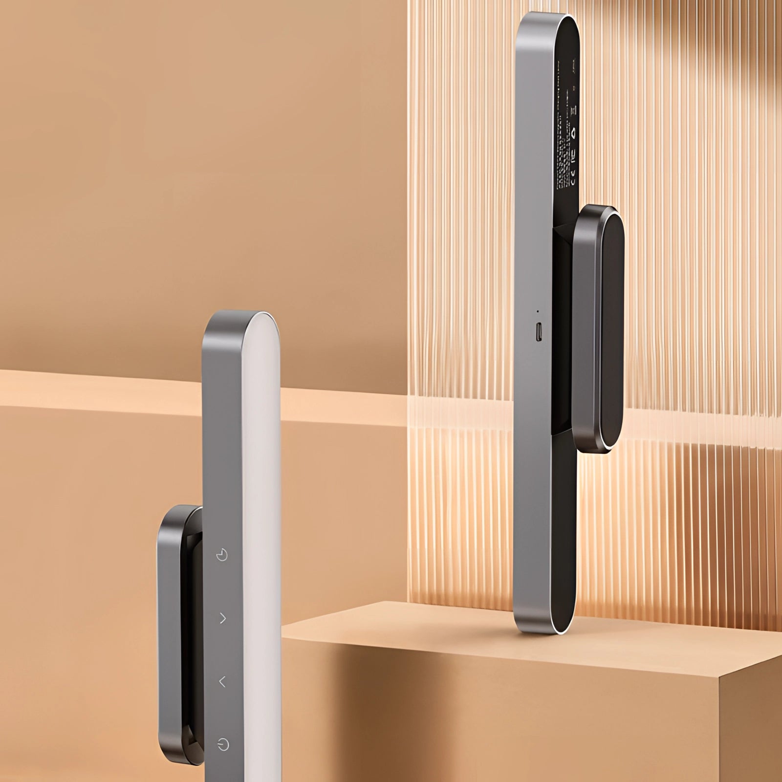 Smart keyless door lock installed on a wooden door, featuring fingerprint scanner and app-controlled interface, with a sleek rectangular design.