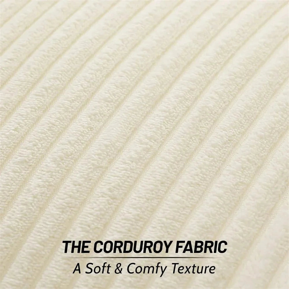 Luxury soft corduroy cushion cover in beige, placed on a wooden floor, showcasing its high-quality upholstery fabric and subtle pattern.