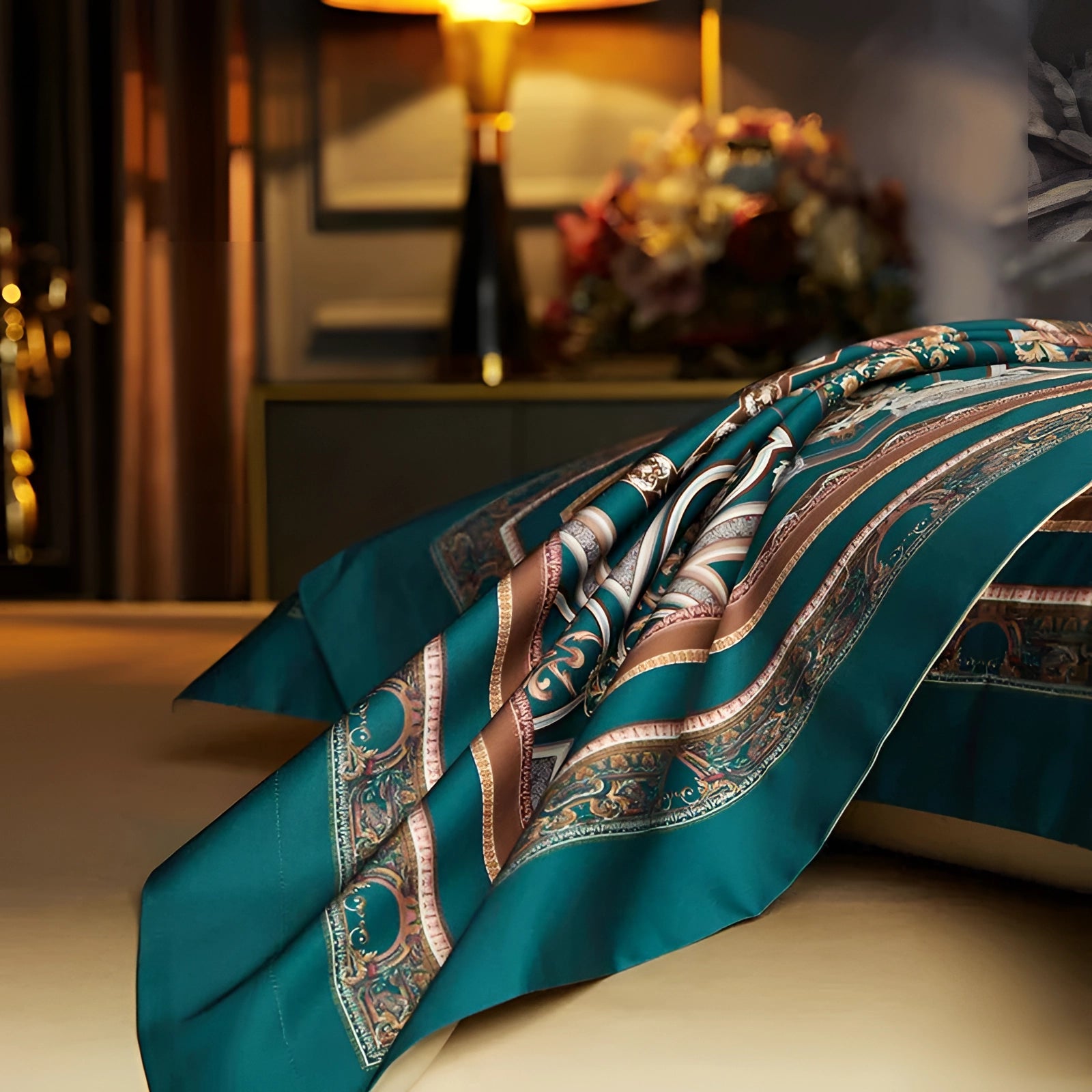Luxury teal paisley bedding set with elegant embroidery, featuring a detailed paisley pattern on a rich teal background, showcasing a sophisticated and artistic design.
