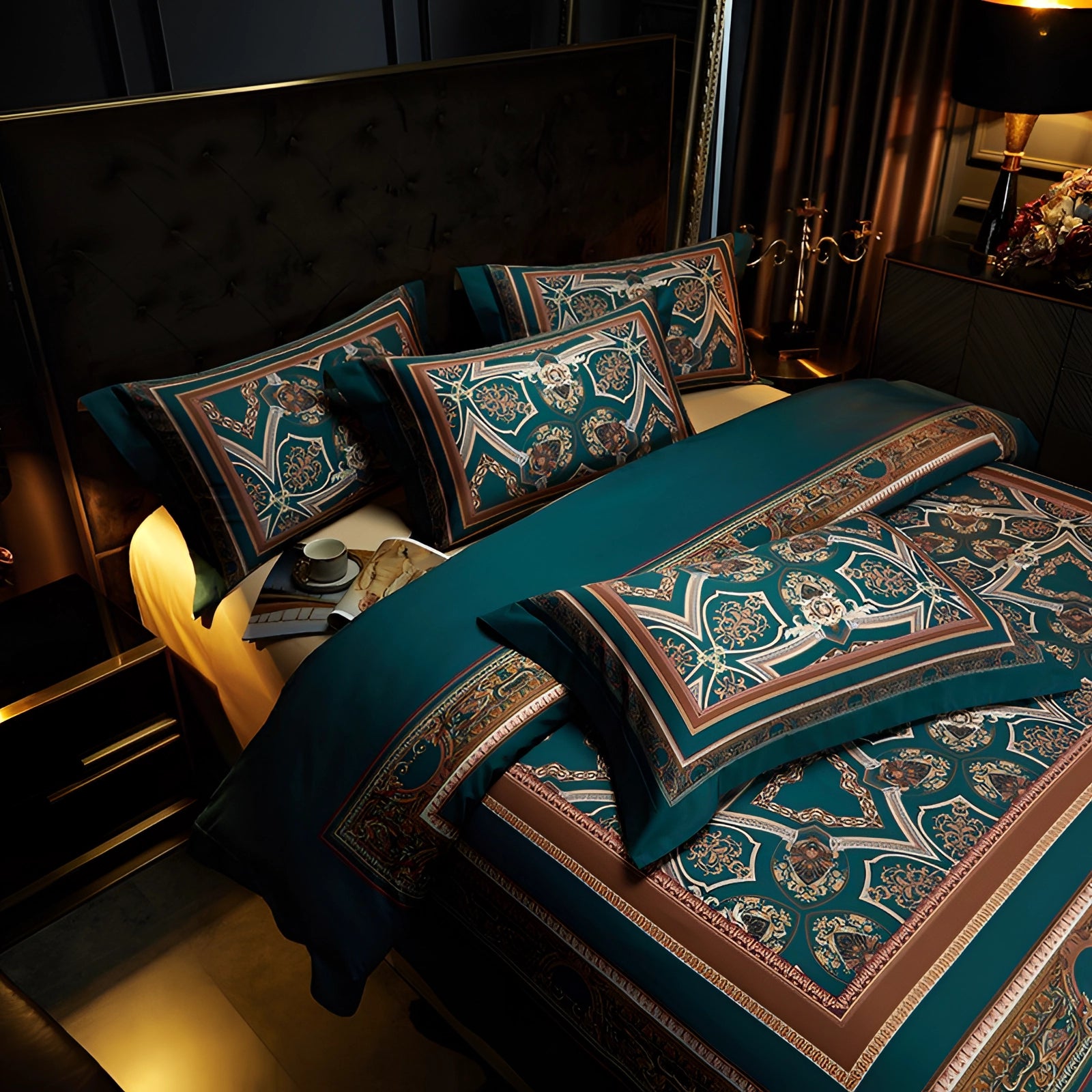 Luxurious teal paisley bedding set featuring an elegant embroidered duvet cover, displayed on a bed with a wooden frame, accompanied by plush pillows and a stylish lamp nearby.