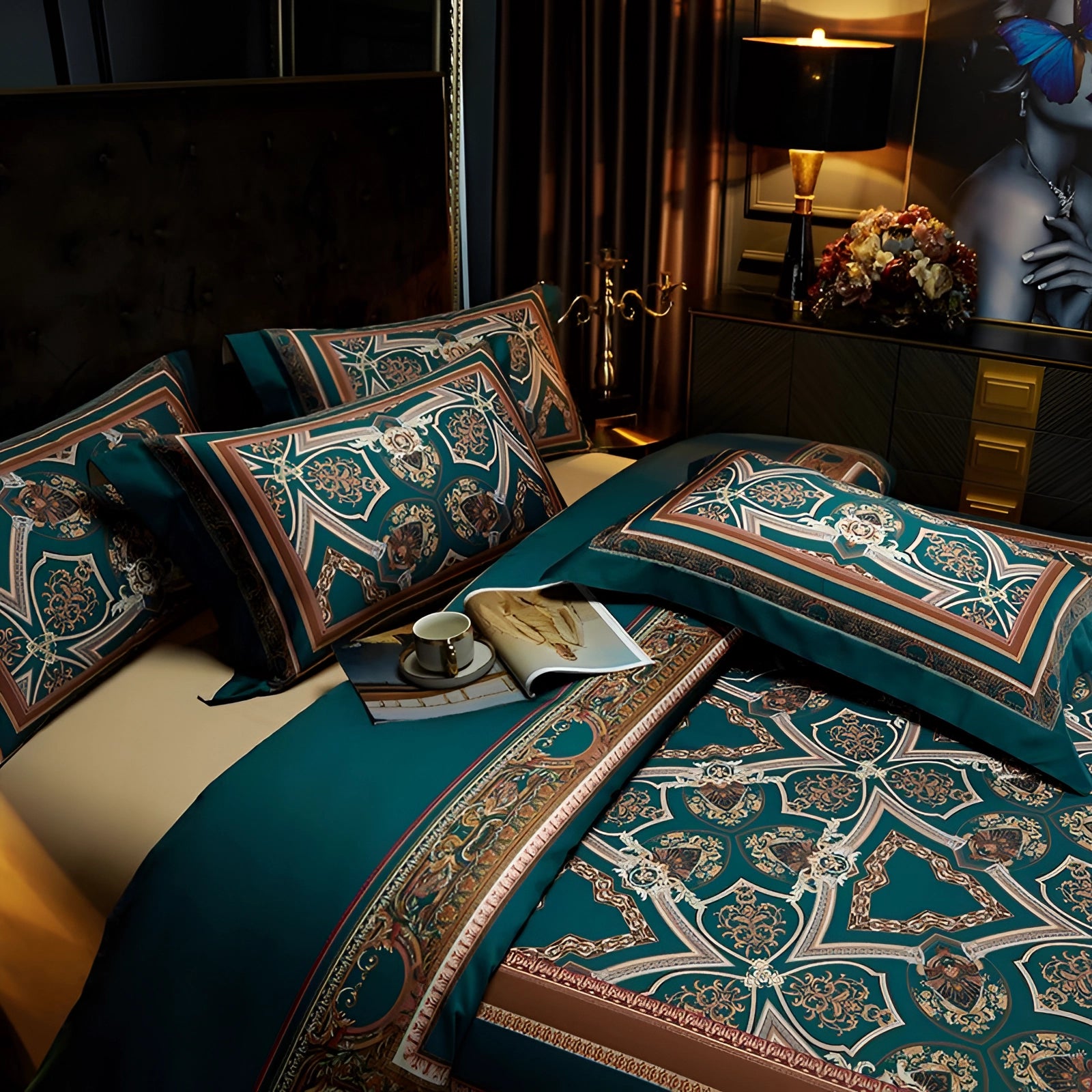 Luxury teal paisley bedding set with elegant embroidery on a neatly made bed in a stylishly designed bedroom interior.