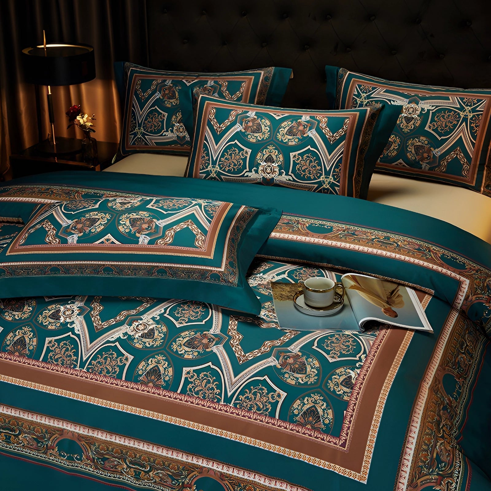 Luxury teal paisley bedding set displayed on a bed in a stylishly designed bedroom, featuring an elegant embroidered duvet cover in rich teal hues with intricate paisley patterns.