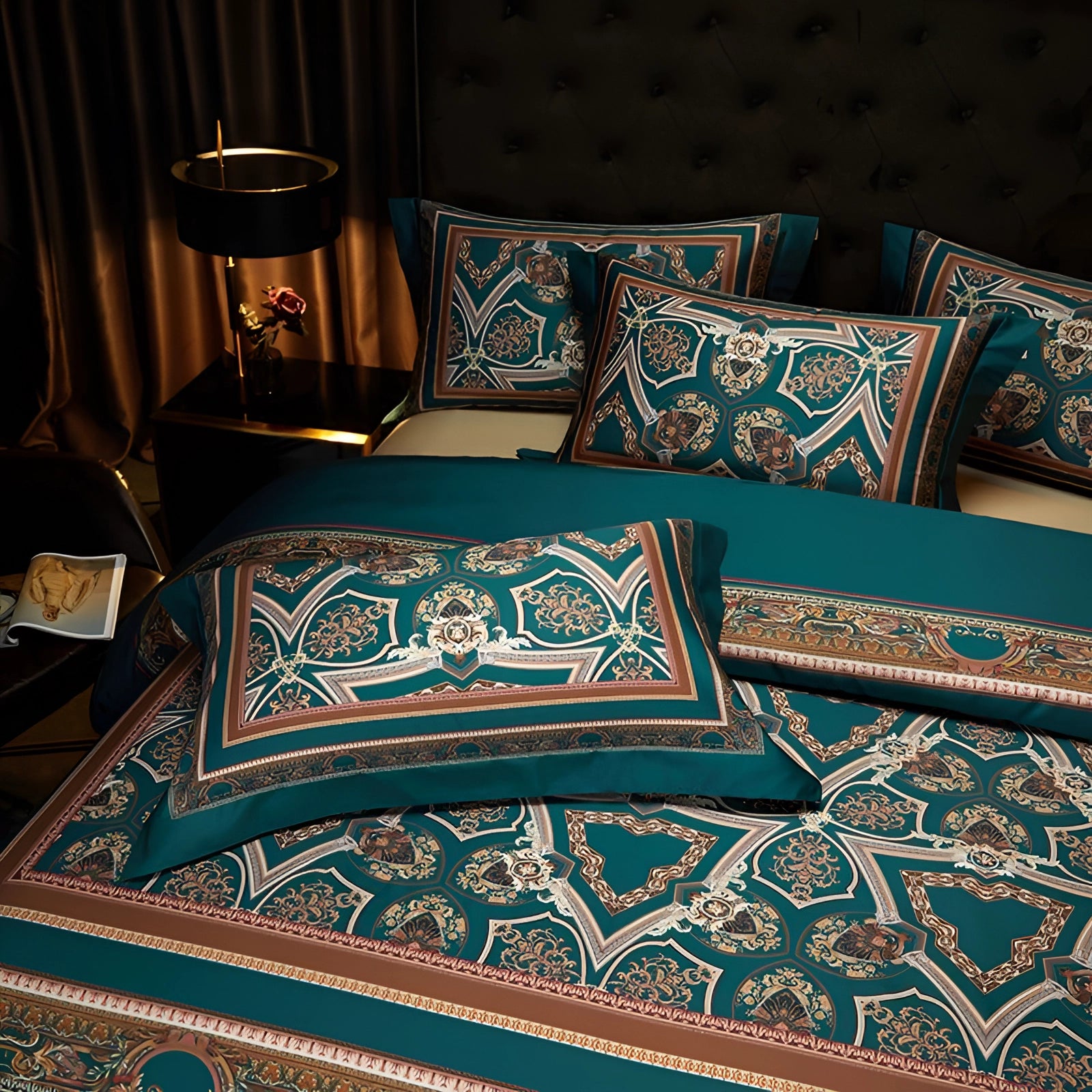 Luxury teal paisley bedding set featuring an elegant embroidered duvet cover on a neatly made bed in a stylish interior setting. The deep blue and teal hues of the paisley pattern complement the room's decor, which includes a studio couch, a decorative rug, and contemporary art pieces, creating an inviting and sophisticated atmosphere.