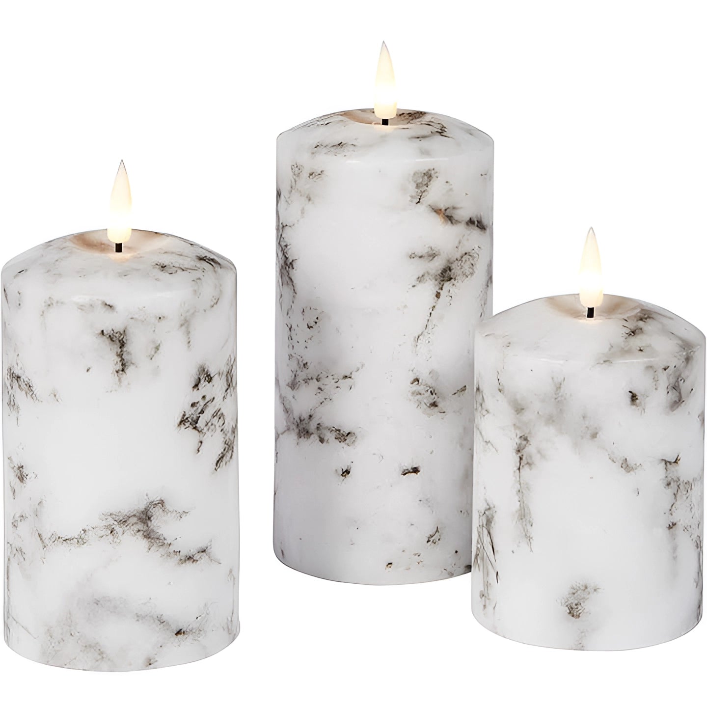 Marble Design Flameless LED Candles, battery-operated, displayed with remote control, featuring a cylindrical wax exterior and placed within glass candle holders, ideal for interior design and events.