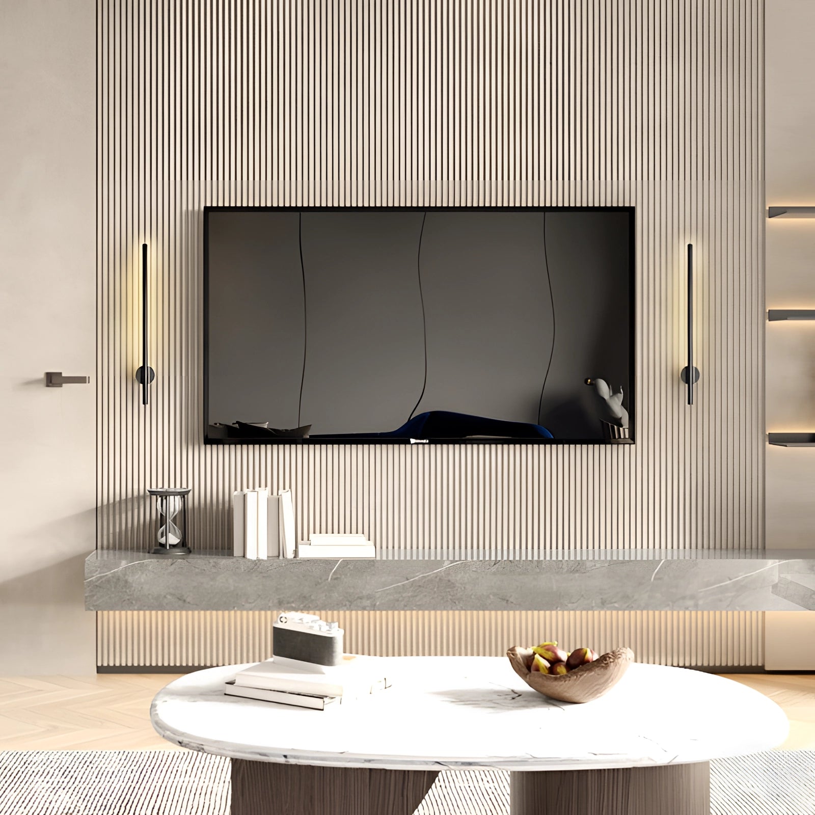 Minimalist LED Wall Sconce in black with a sleek vertical design, mounted on a wooden rectangular panel, illuminating a modern interior space with contemporary decor.
