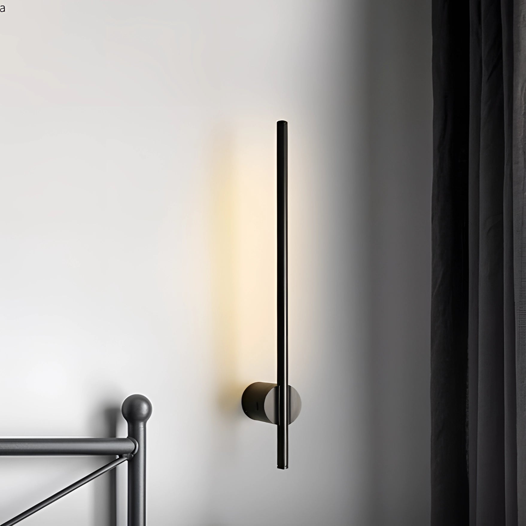 Minimalist LED wall sconce with a sleek vertical design, mounted on a wooden rectangular panel, ideal for modern home interiors.