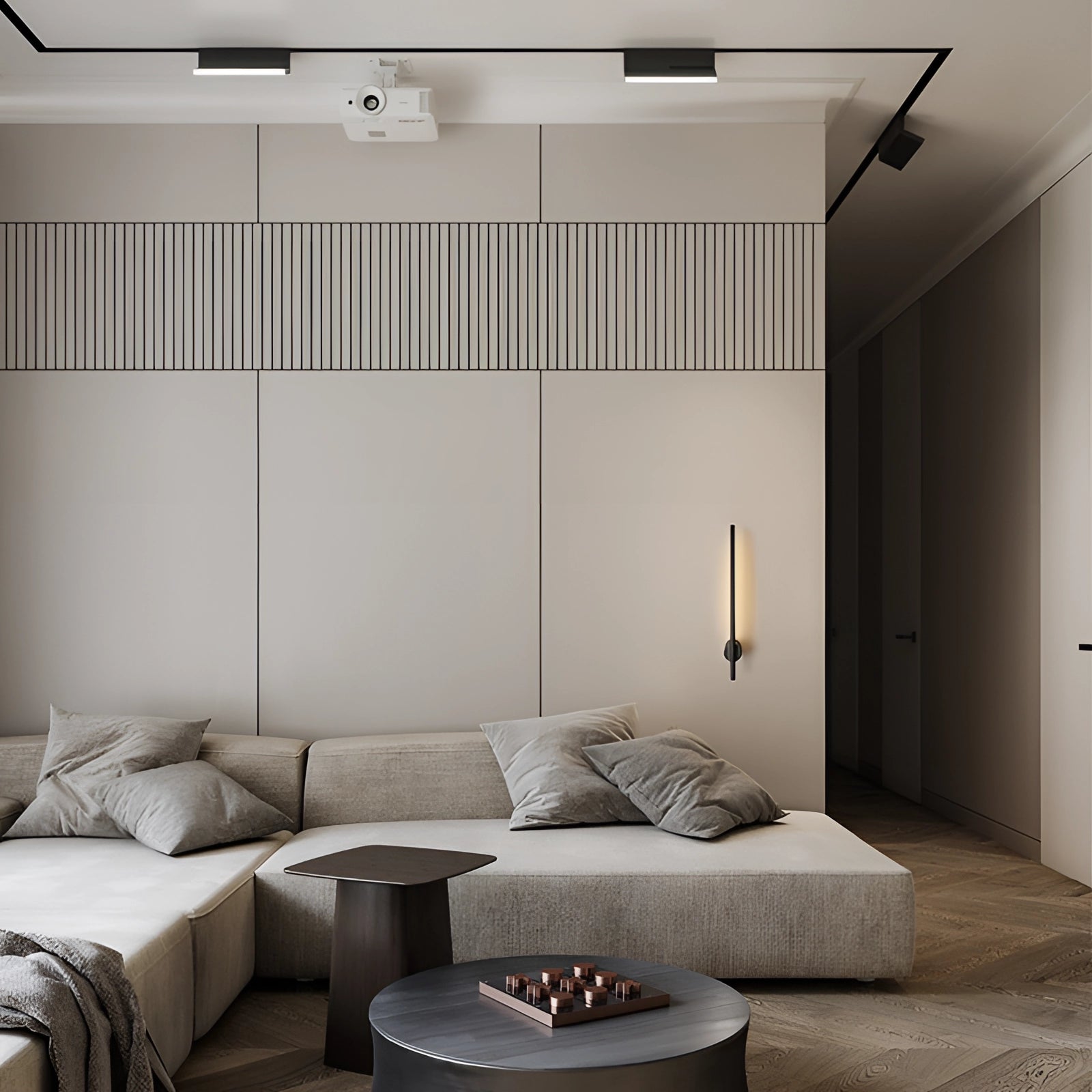 Minimalist LED wall sconce mounted on a modern living room wall with sleek vertical lighting, next to a comfortable couch and wooden furniture.