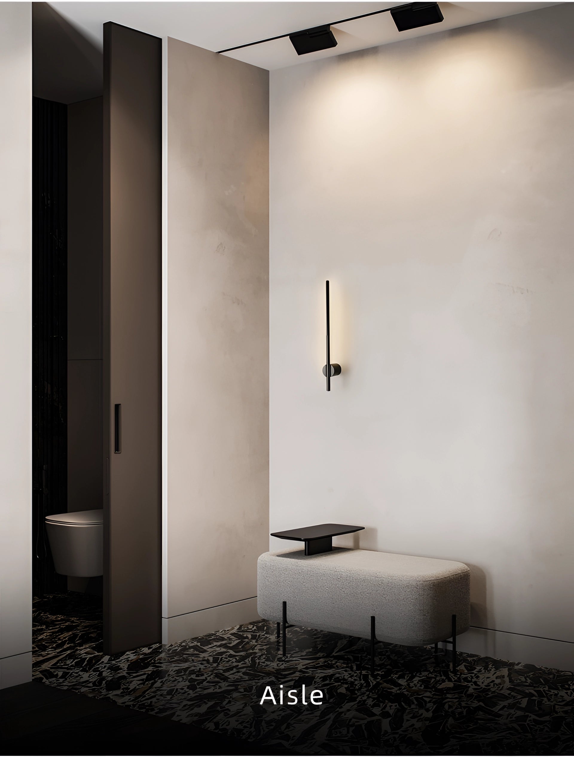 Minimalist LED wall sconce mounted on a modern wooden wall, emitting sleek vertical light, enhancing contemporary home decor.
