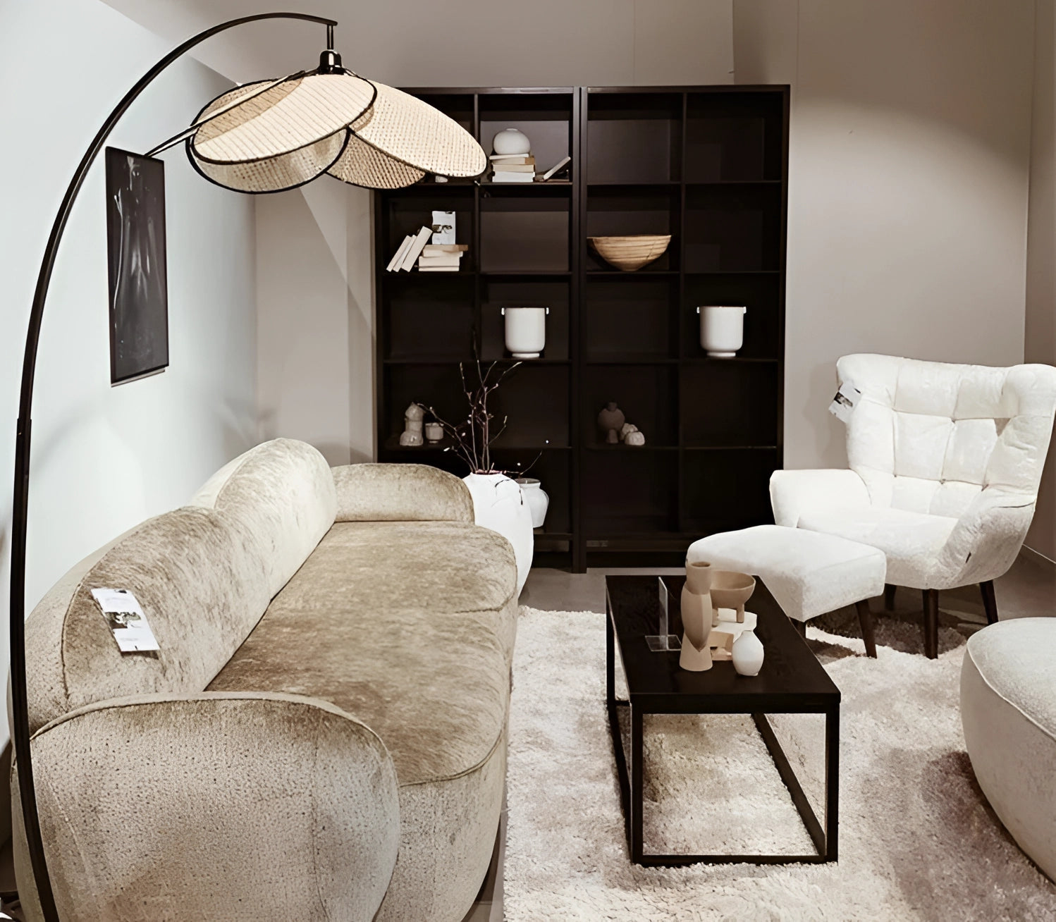 Modern adjustable arched floor lamp with a minimalist design, featuring a sleek arc light and a stylish shade, placed in a contemporary living room setting.