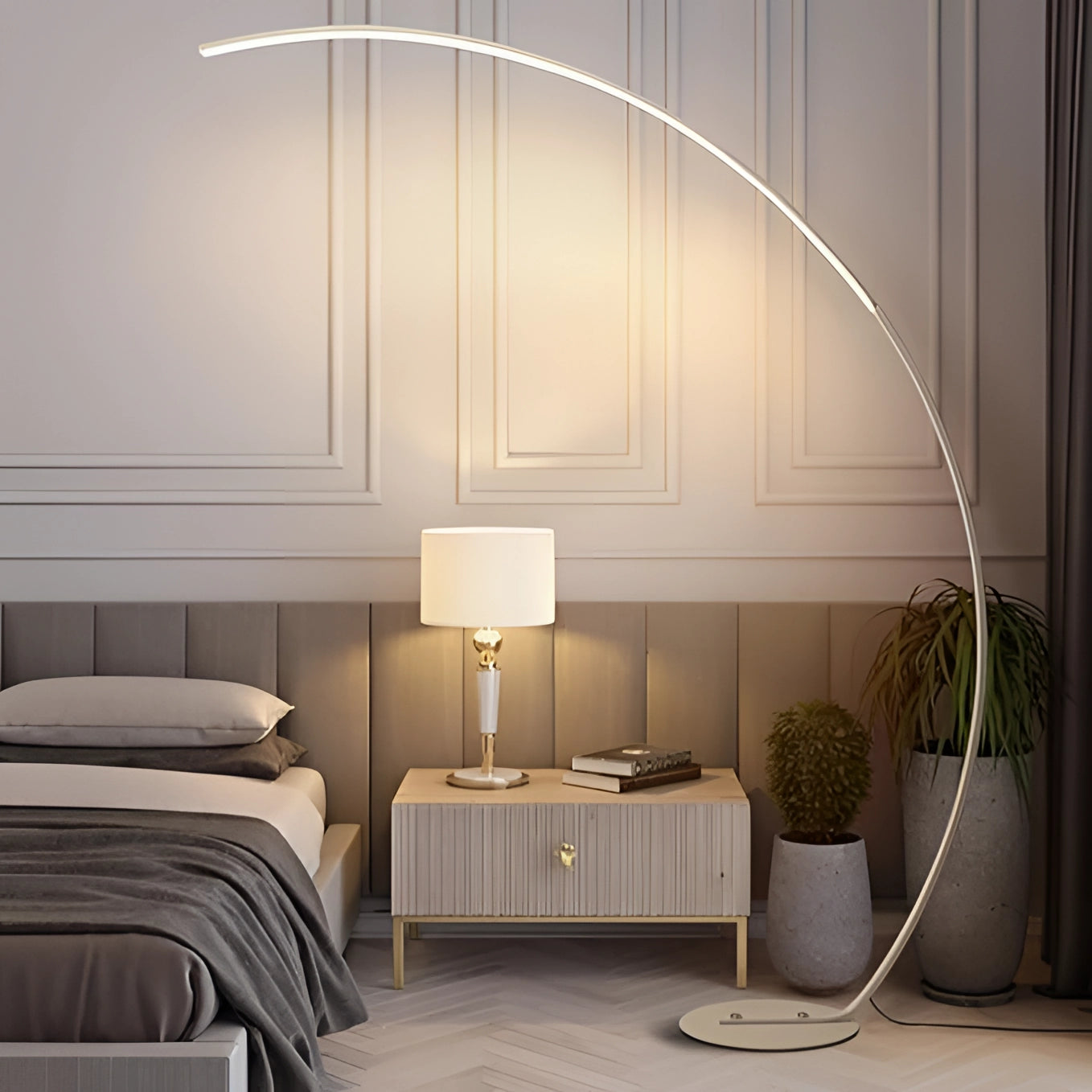 Modern Arc Floor Lamp & Velvet Chair for Contemporary Decor