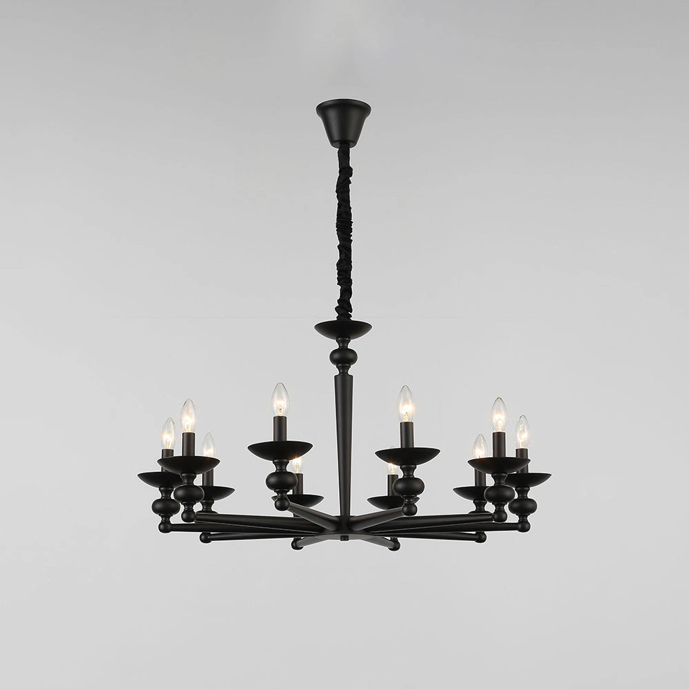 Modern black six-light candle chandelier with an elegant design, featuring a sleek metal frame and ceiling fixture, ideal for dining room lighting.