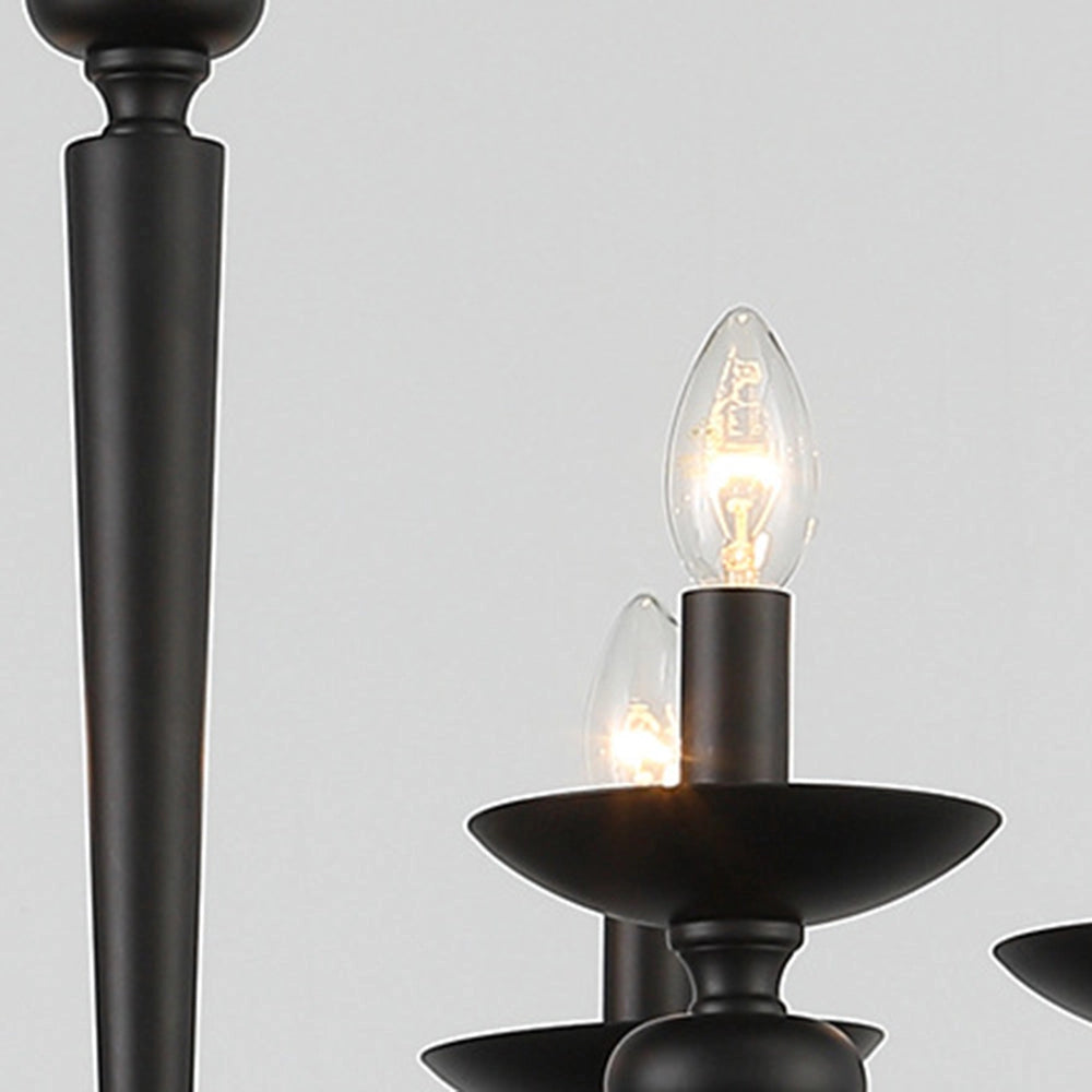 Modern black six-light candle chandelier with elegant design, featuring metal and glass materials, hanging from the ceiling, suitable for dining room lighting.