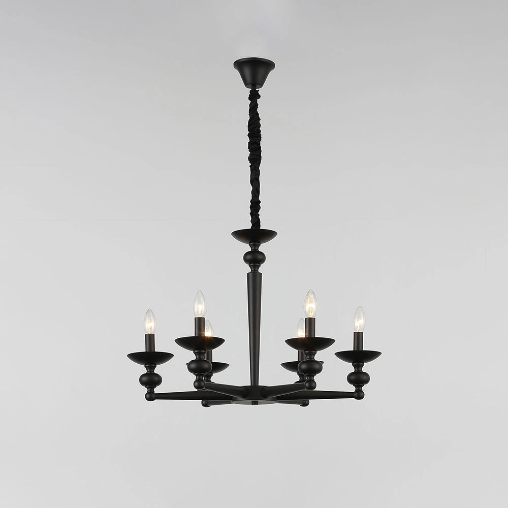 Modern black six-light candle chandelier with symmetrical design, featuring elegant metal framework and circular ceiling fixture, suitable for dining areas.