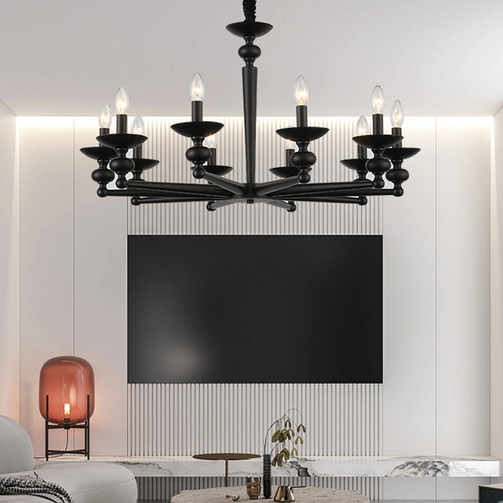 Modern black six-light candle chandelier with an elegant design, featuring ten candle-like light fixtures, suspended in a sleek linear arrangement, suitable for dining areas and interior spaces.