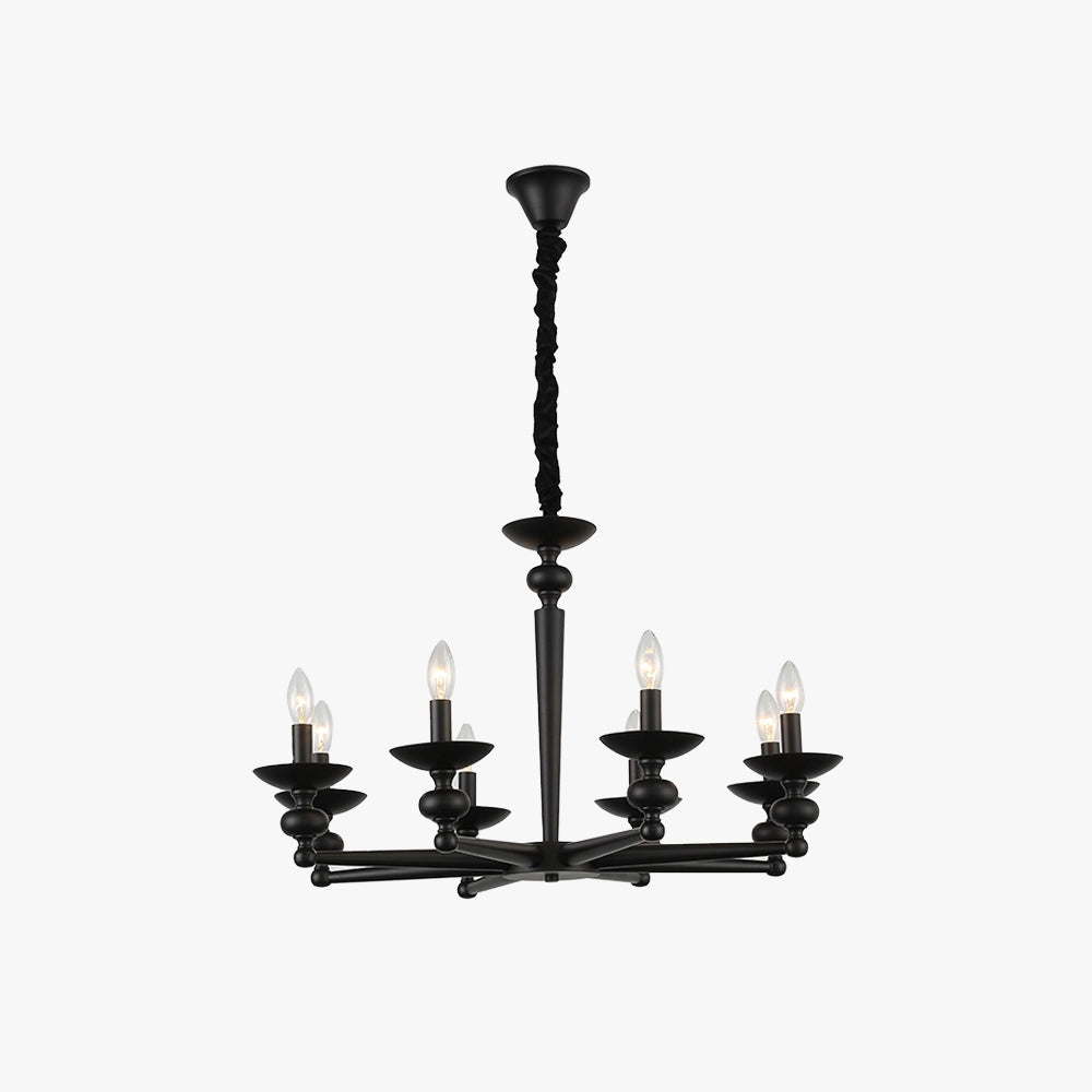 Modern black six-light candle chandelier with elegant design, hanging from the ceiling, showcasing intricate metalwork, suitable for dining room interior lighting.