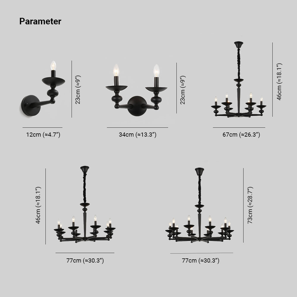 Modern black six-light candle chandelier with elegant design, featuring a circular structure and balanced composition, suitable for dining room lighting.