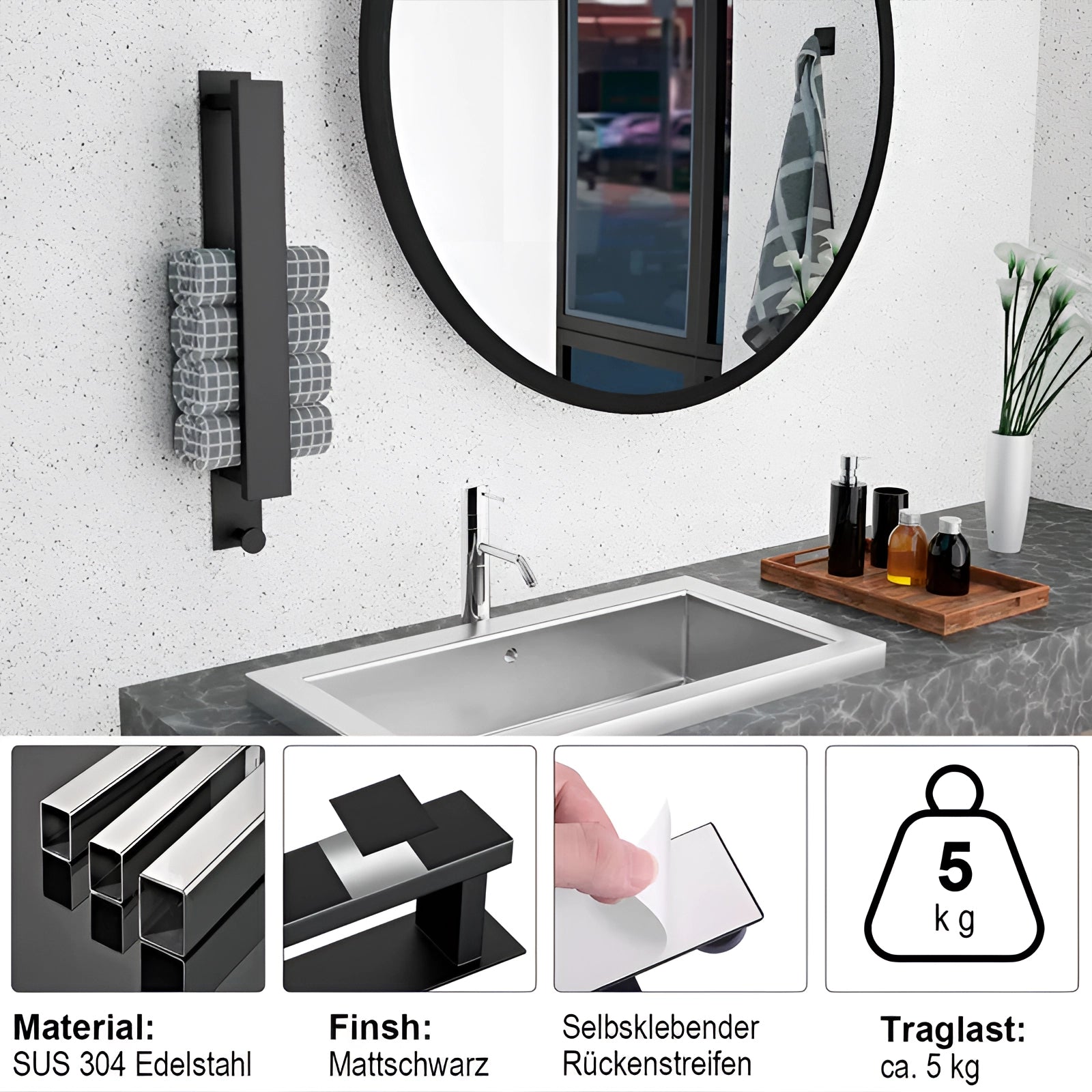 Modern Black Wall-Mounted Towel Rack - Space-Saving Bathroom Accessory