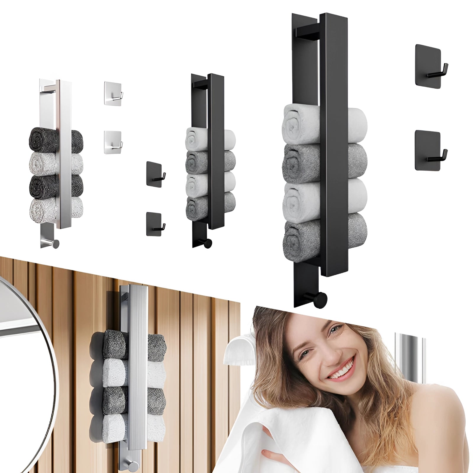 Modern Black Wall-Mounted Towel Rack - Space-Saving Bathroom Accessory