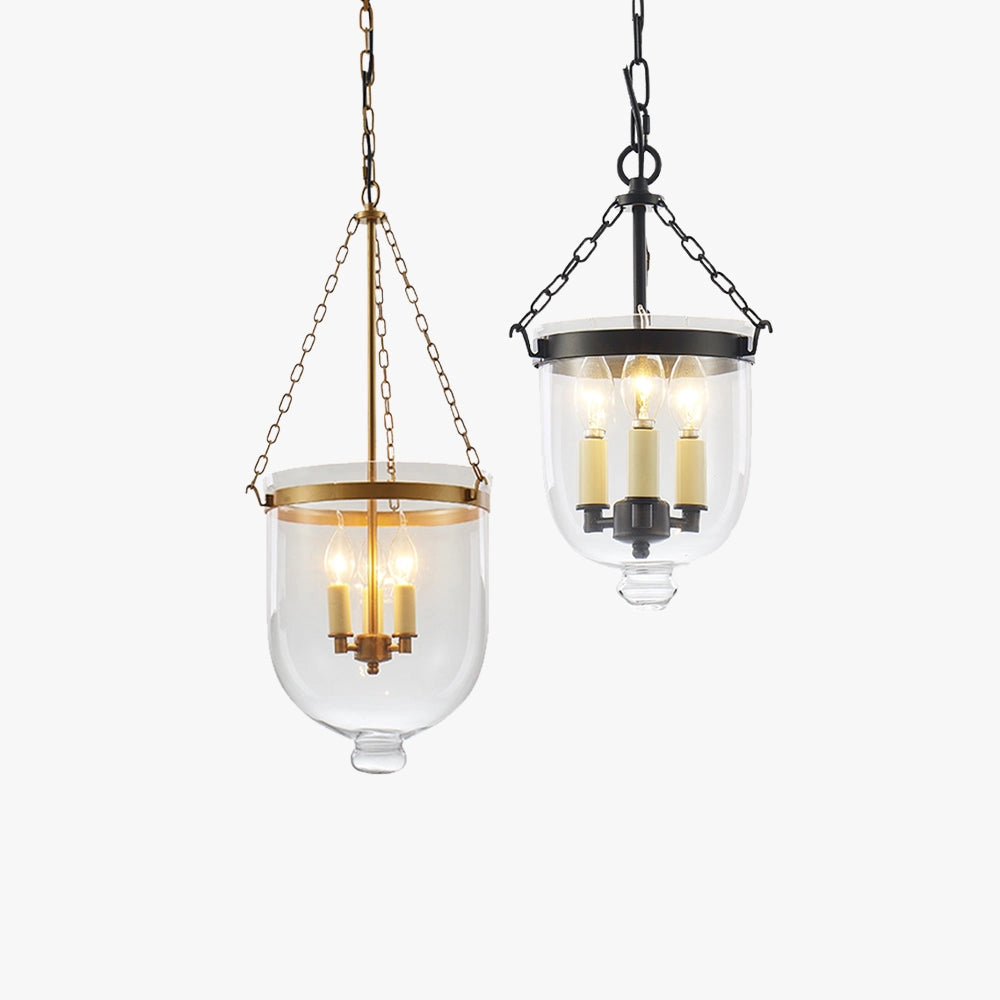 Modern brass and glass pendant light chandelier with amber-tinted shades, featuring a sleek design and suspended from the ceiling.