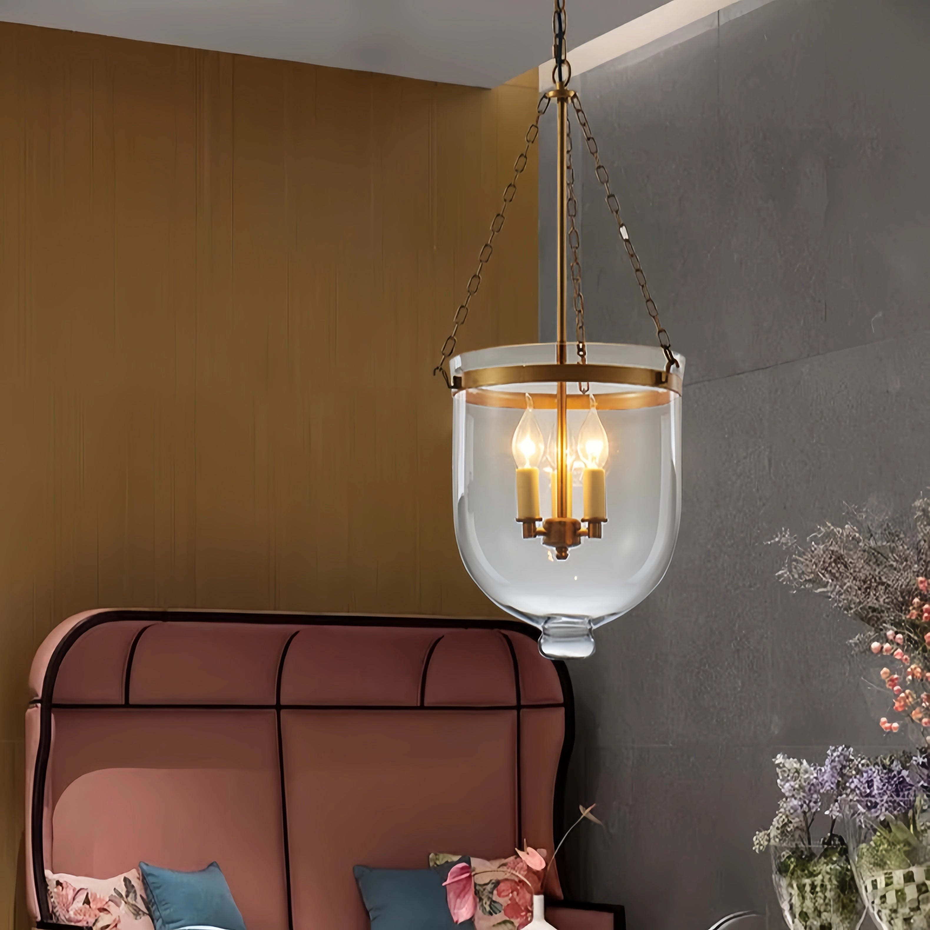 Modern brass glass pendant light with a luxurious design, featuring a gold finish and a diameter of 13.8 inches, suspended in an elegant indoor setting.