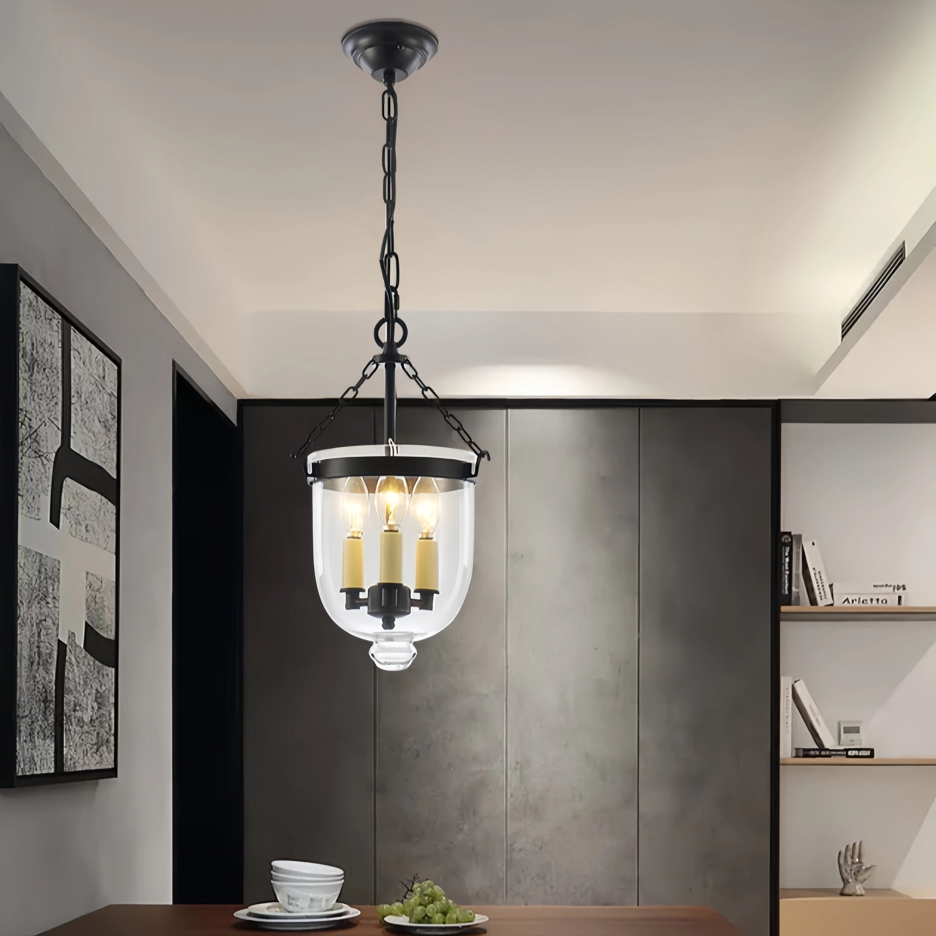 Modern brass and glass pendant light chandelier in black, diameter 9.4 inches, hanging in a stylish indoor setting with wooden flooring and a tastefully decorated table.