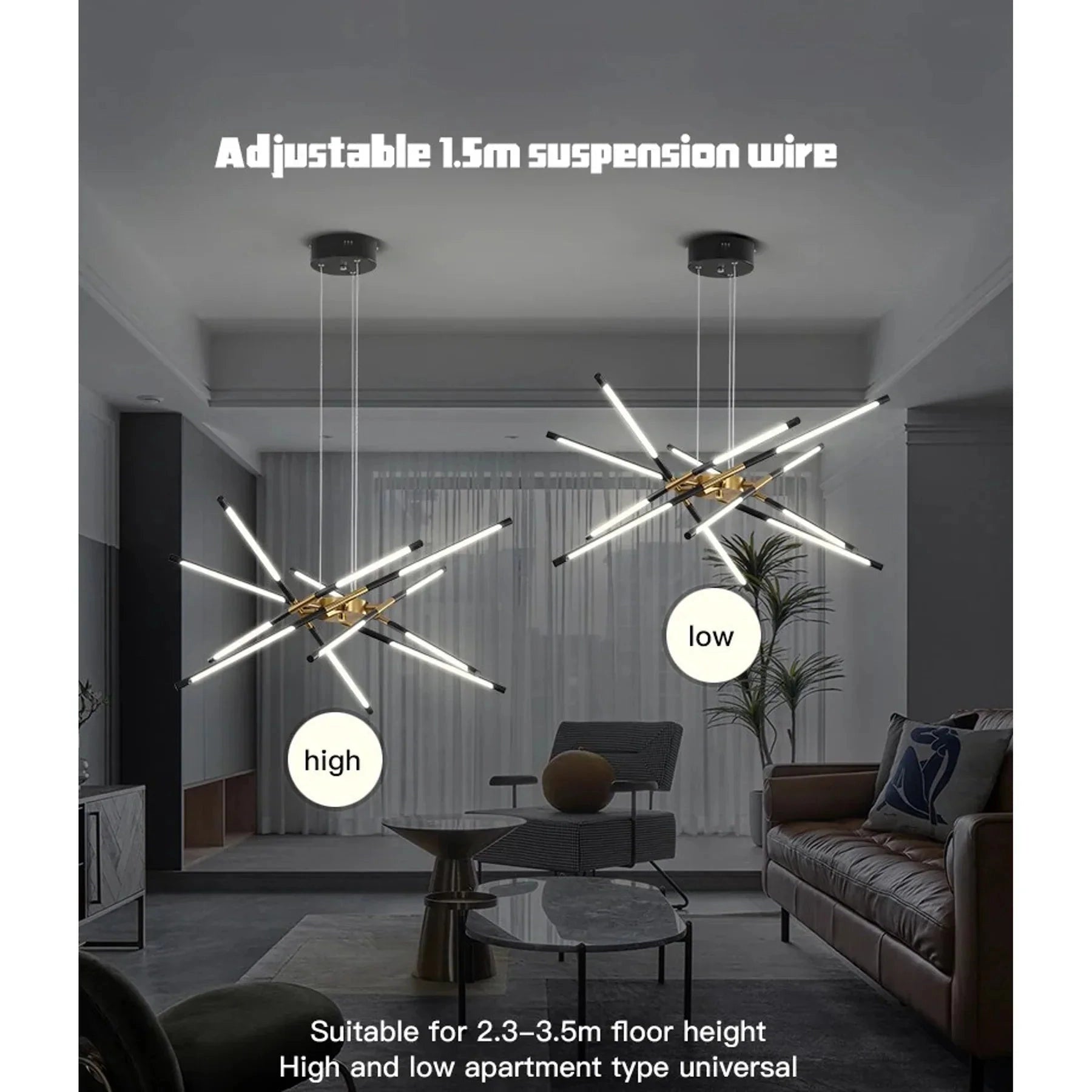 Modern brass LED chandelier hanging above a wooden dining table in a luxury decorated dining room with contemporary furniture and interior design elements.