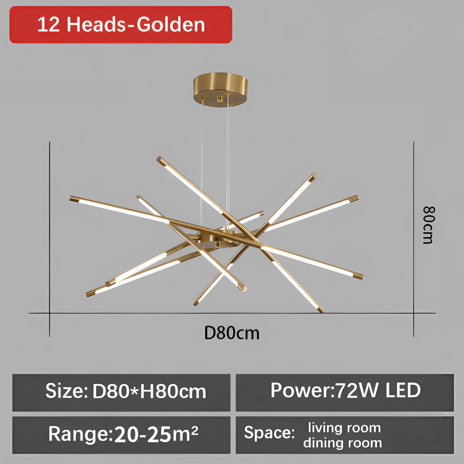 Modern Brass LED Chandelier with 12 Lights in Black and Gold, Cold White Illumination, Luxury Decorative Light for Dining Room.