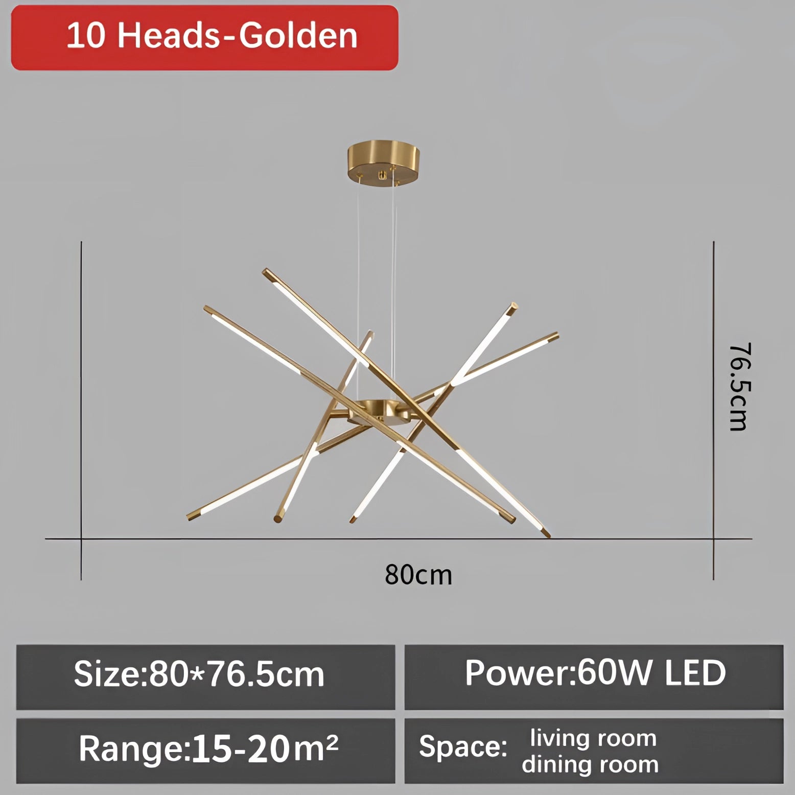 Modern brass LED chandelier with black and gold finish, featuring 10 arms and cold white light, designed for luxury dining rooms.