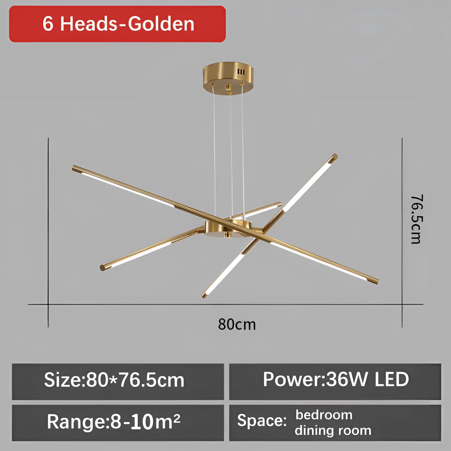Modern brass LED chandelier with six black and gold arms, featuring cold white lighting, elegantly illuminating a luxury dining room.