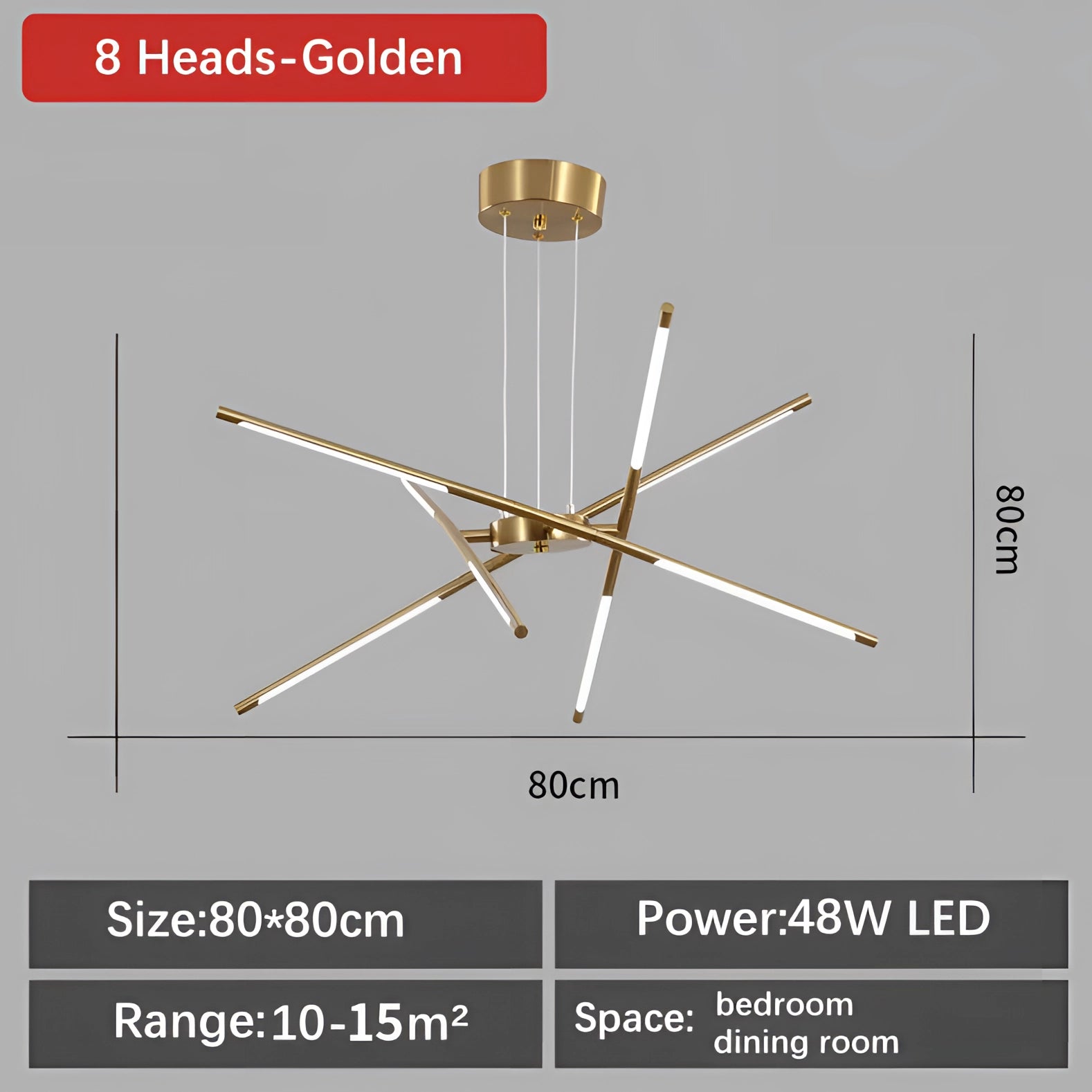 Modern Brass LED Chandelier in Black and Gold with 8 Lights, Cold White, Hanging in a Luxury Dining Room Setting