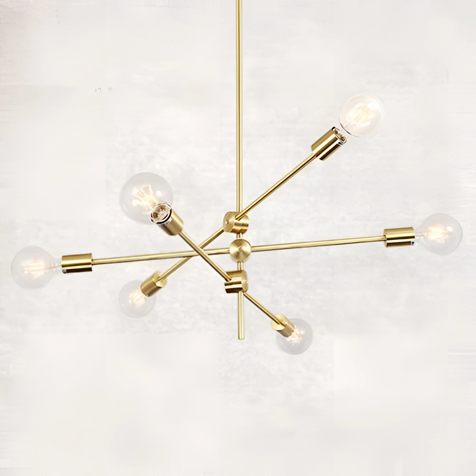 Modern Brass Sputnik Chandelier with 6 Bulbs in Gold, Mid-Century Adjustable Geometric Light hanging from the ceiling.