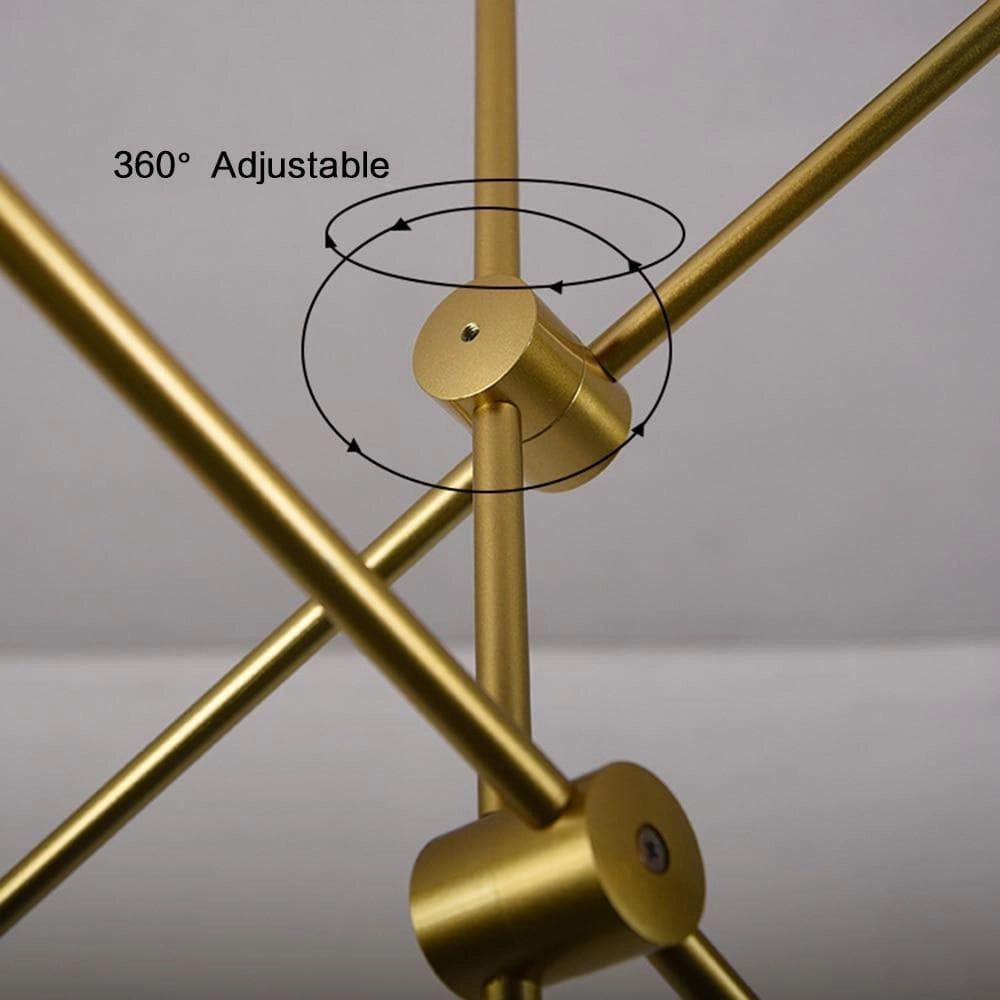Modern brass sputnik chandelier with adjustable geometric design featuring mid-century style, made of metal materials including steel and aluminium, showcasing symmetrical lines and circles.
