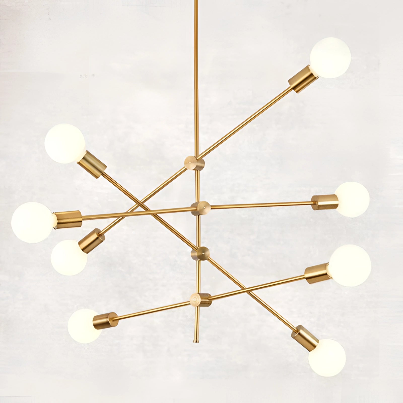 Modern brass Sputnik chandelier with 8 bulbs in gold finish, featuring mid-century adjustable geometric design.