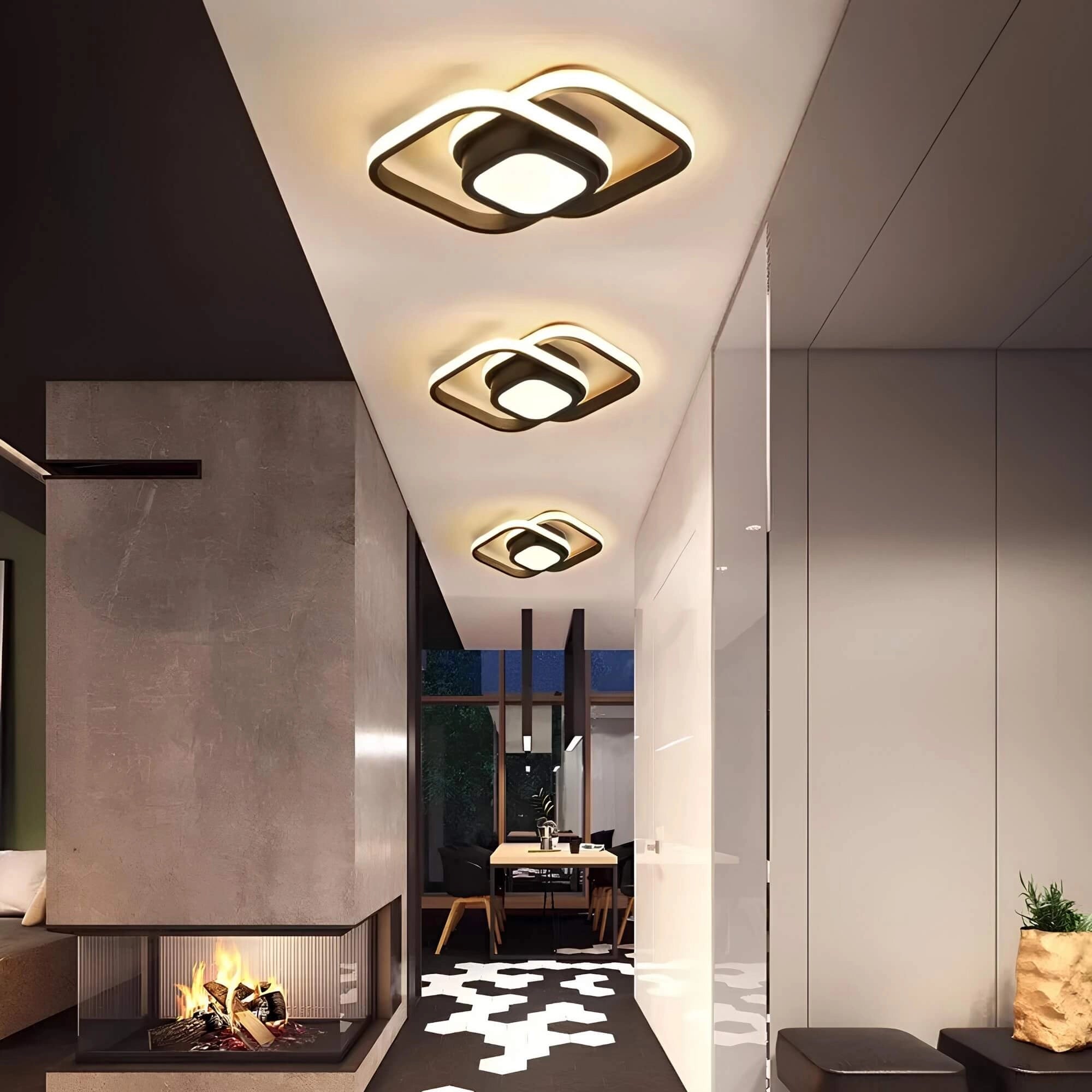 Modern Circular LED Ceiling Light illuminating a minimalist interior space with sleek architecture and houseplants.