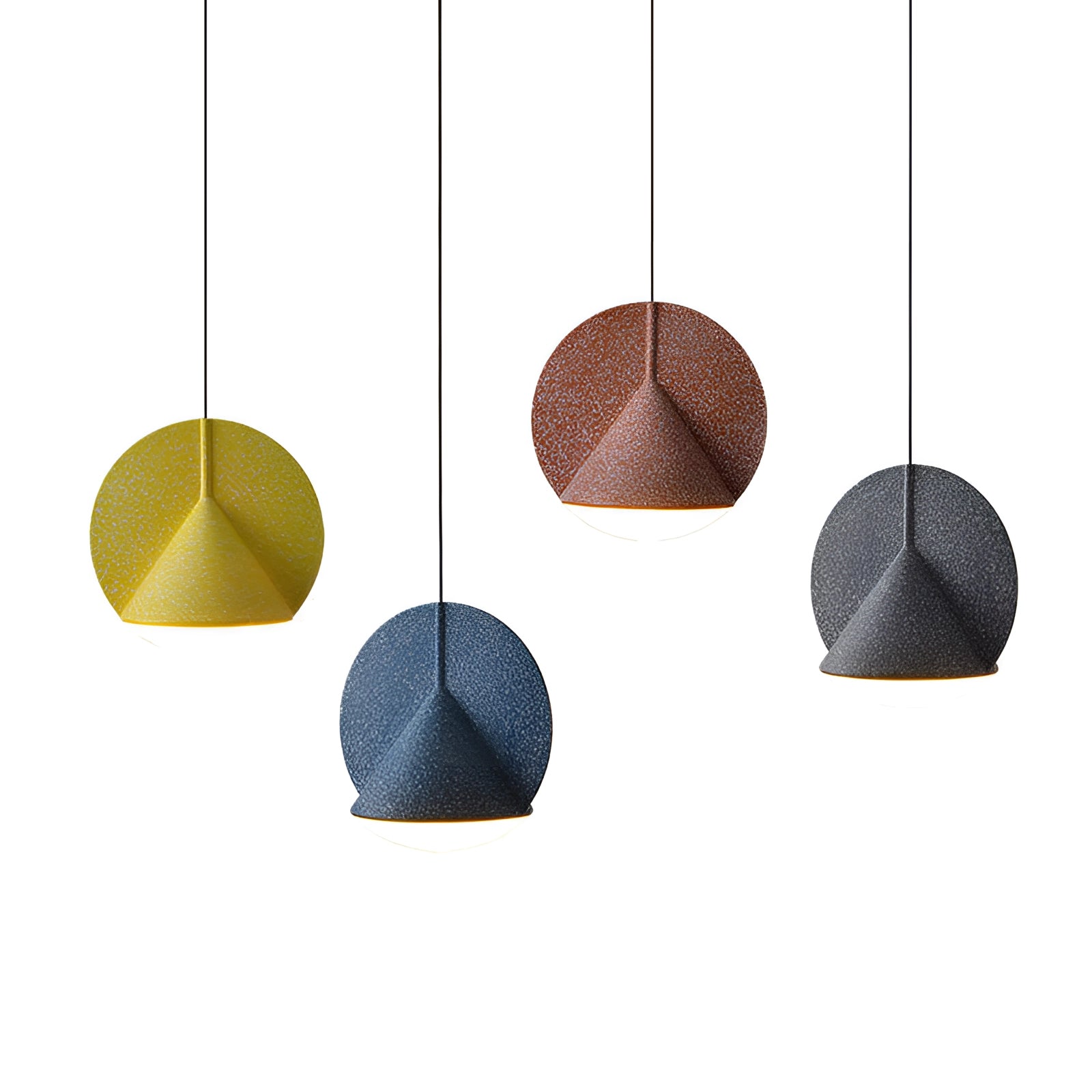 Modern colorful fabric pendant lights with geometric patterns hanging from the ceiling, showcasing contemporary design and vibrant tints and shades.