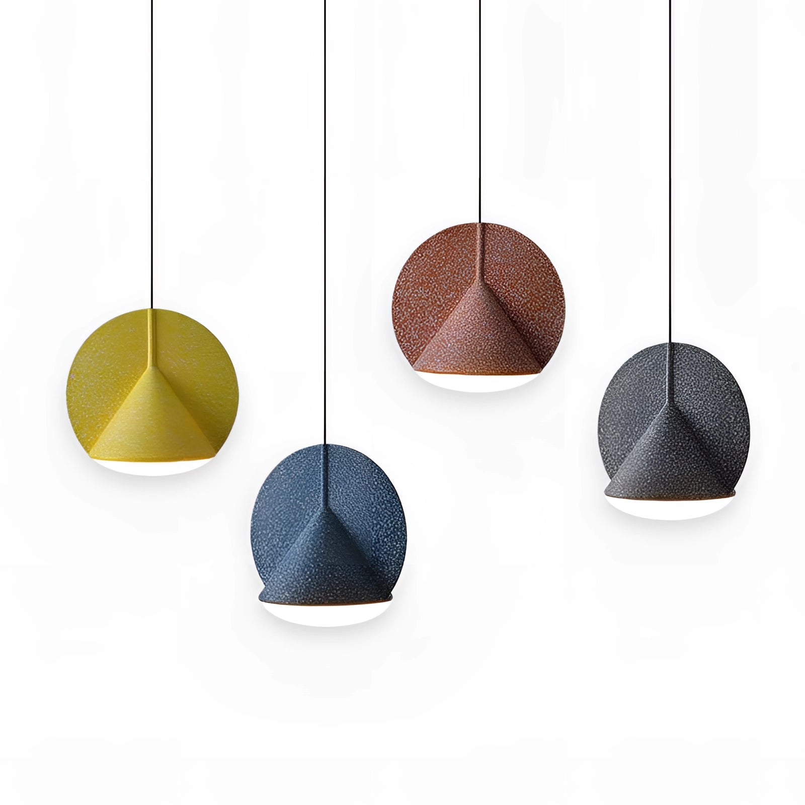 Modern colorful fabric pendant lights with contemporary design, featuring wood elements and electric blue patterns, hanging from the ceiling.
