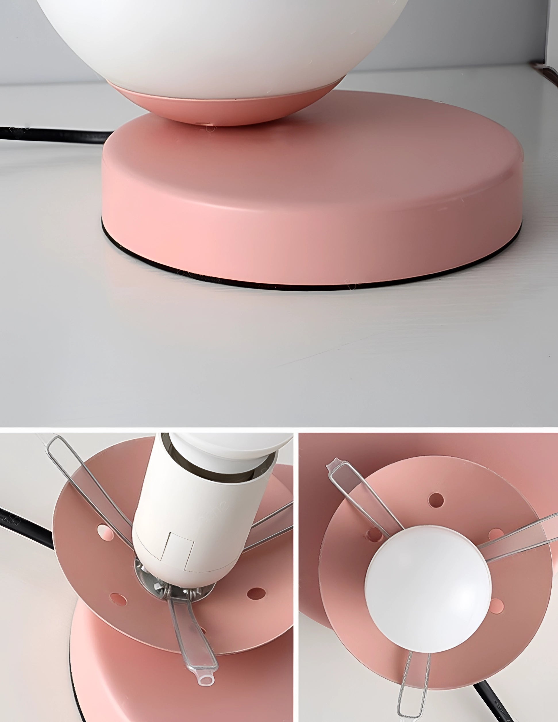 Modern designer orb lamp with a white LED globe and metallic base, illuminating the surroundings with its light, displayed on a surface.