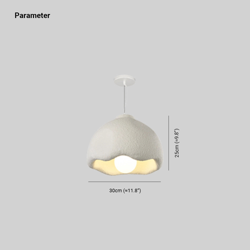 Modern dome pendant light with a textured white, scalloped design, hanging from the ceiling.