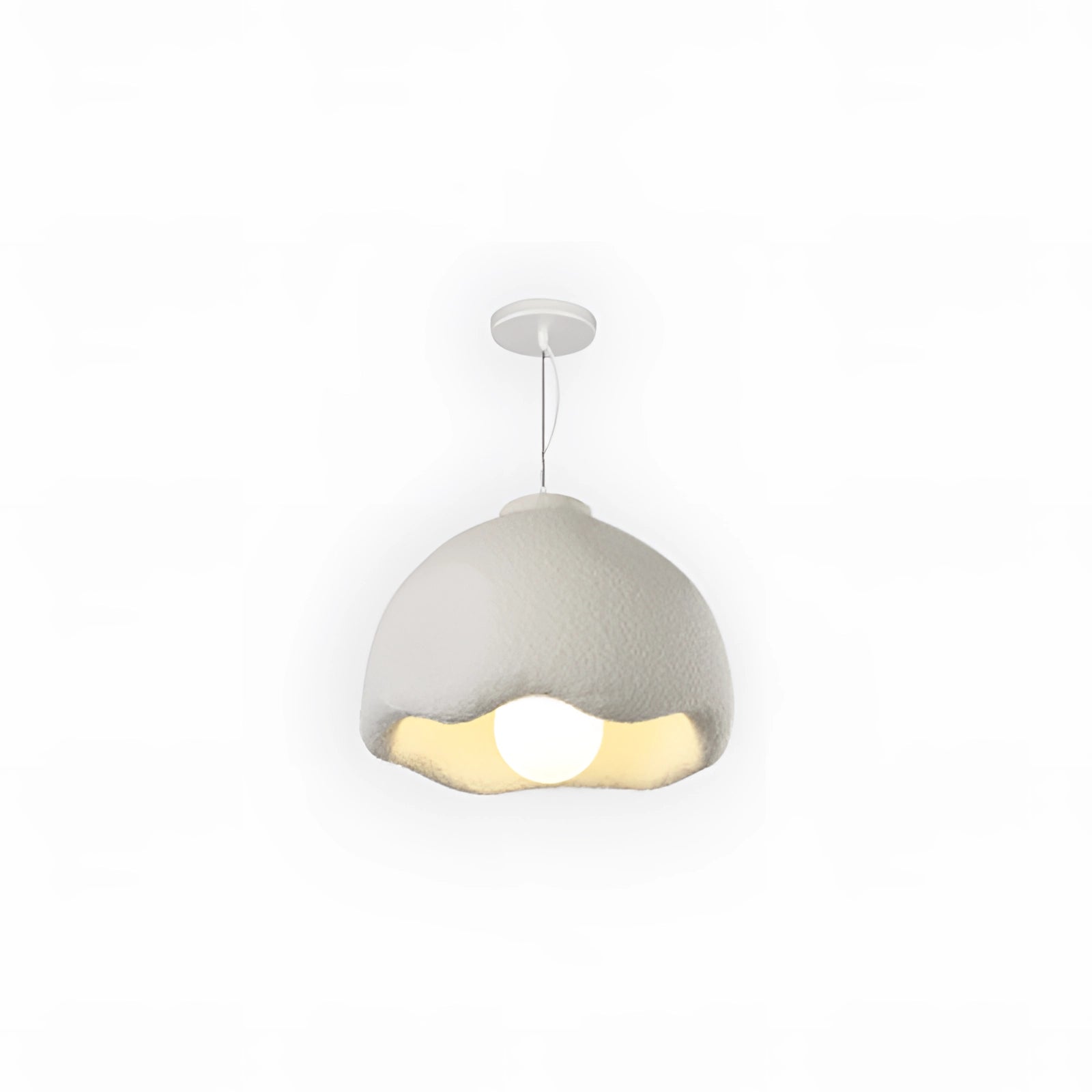 Modern dome pendant light with a textured white finish and unique scalloped design, hanging as a ceiling fixture.