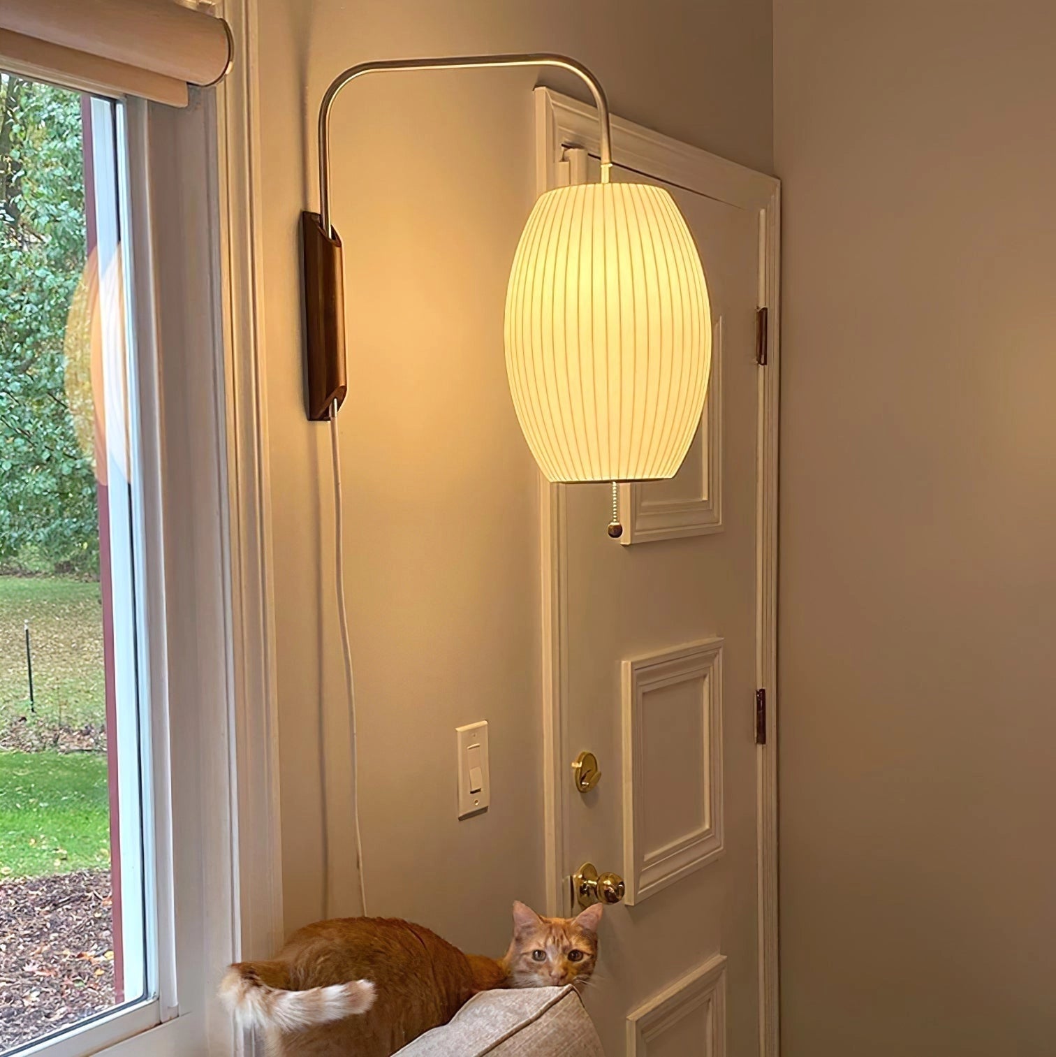 Modern floor lamp with a minimalist design featuring adjustable brass and wood accents, positioned in a room with a wooden door, window, and a potted plant nearby.