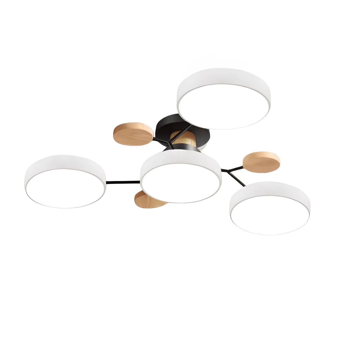Modern geometric chandelier with a matte black and wood finish featuring a multi-bulb fixture, elegantly hanging from the ceiling. The design includes circular and cylindrical elements and offers a contemporary touch to the room.