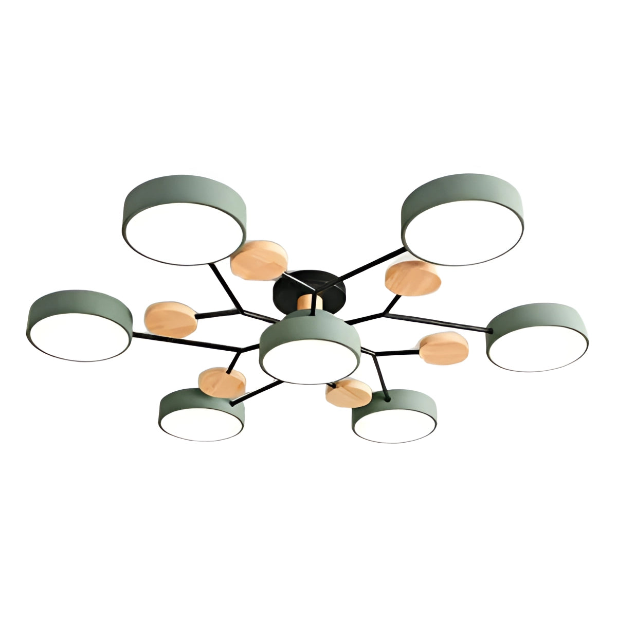 Modern geometric chandelier with a matte black and wood design, featuring multiple bulbs and a stylish, circular ceiling fixture.
