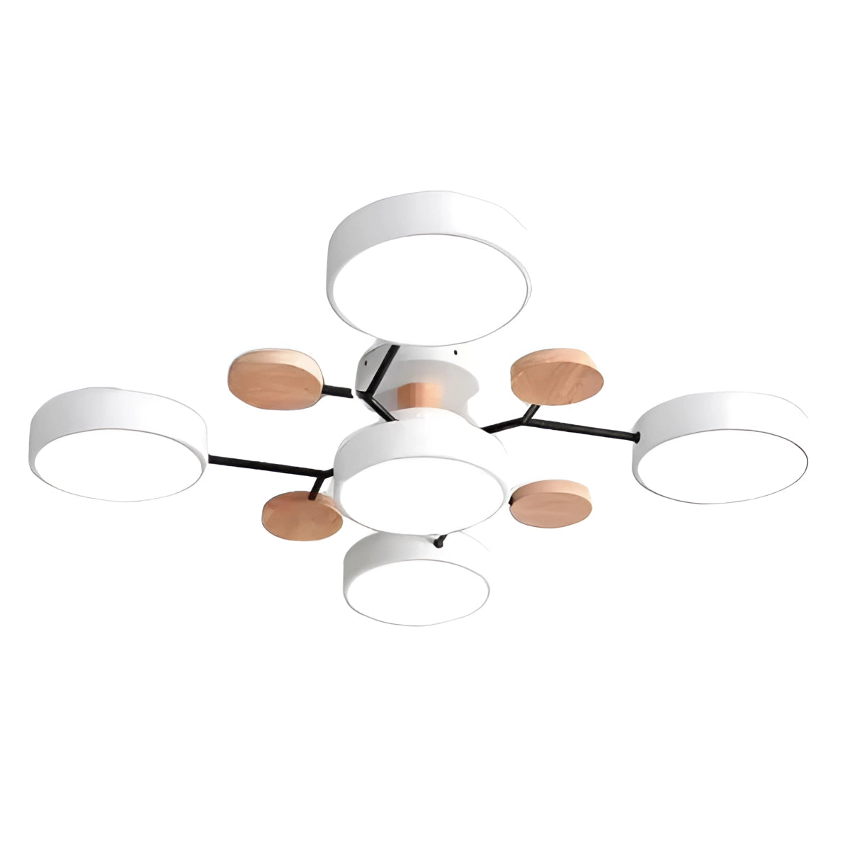 Modern geometric chandelier with a matte black and wood finish, featuring multiple bulbs arranged in a circular design. The fixture is suspended from the ceiling, showcasing a blend of metal and wood elements in a contemporary style.