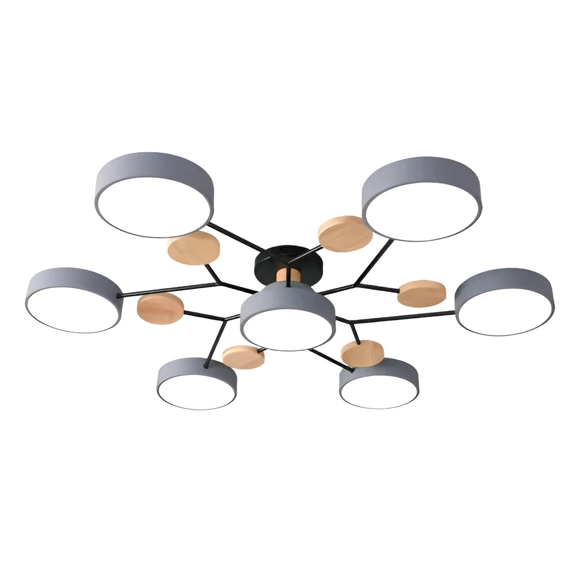 A modern geometric chandelier with a matte black and wood finish, featuring multiple bulbs arranged in a symmetrical pattern, hanging from a ceiling.