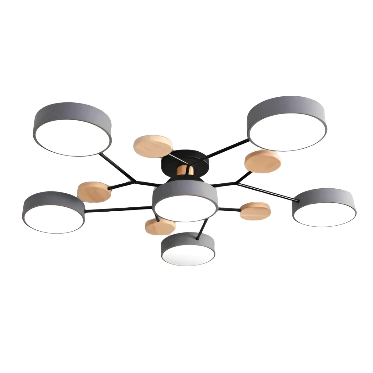 Modern geometric chandelier with a matte black and wood design, featuring multiple bulbs arranged in a circular pattern, suspended from the ceiling.
